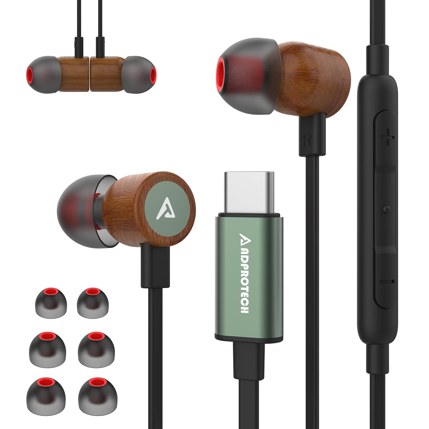 USB C Headphones for iPhone 16, Type C Earbuds Red Pear Wood Wired HiFi Stereo with Remote & Mic, USB C Earphones Compatible with iPhone 16/15 Pro Max, Galaxy S23, iPad Device with Type C, Dark Green