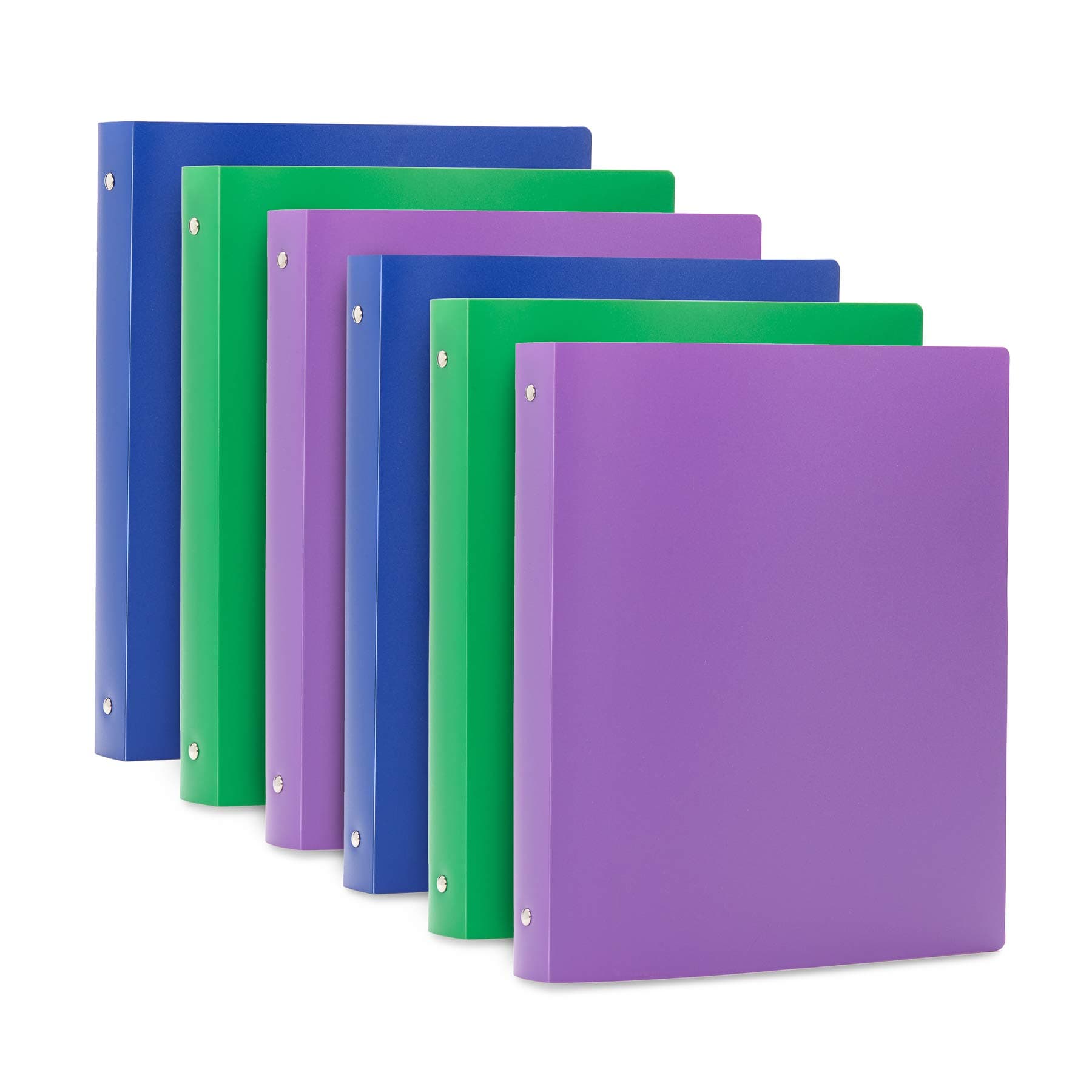 6 Pack 3-Ring Plastic Binder, 1-Inch Flexible Binder, Soft Cover with Pocket, Assorted Colors with Blue, Green, and Purple Bendable Binders