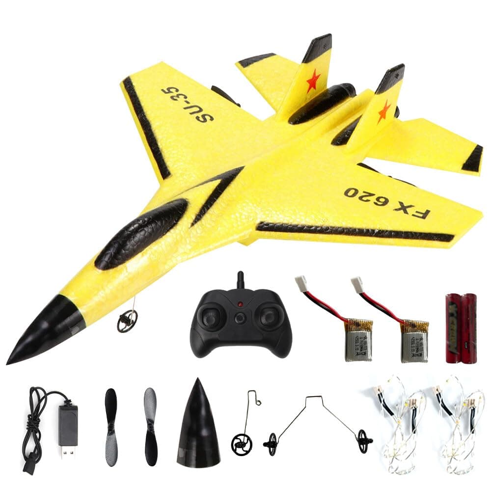 Remote Control Airplane, SU-35 RC Plane Ready to Fly, 2.4G Radio Control With LED Light Strip, Assembly-Free for Kids and Adults (Yellow)