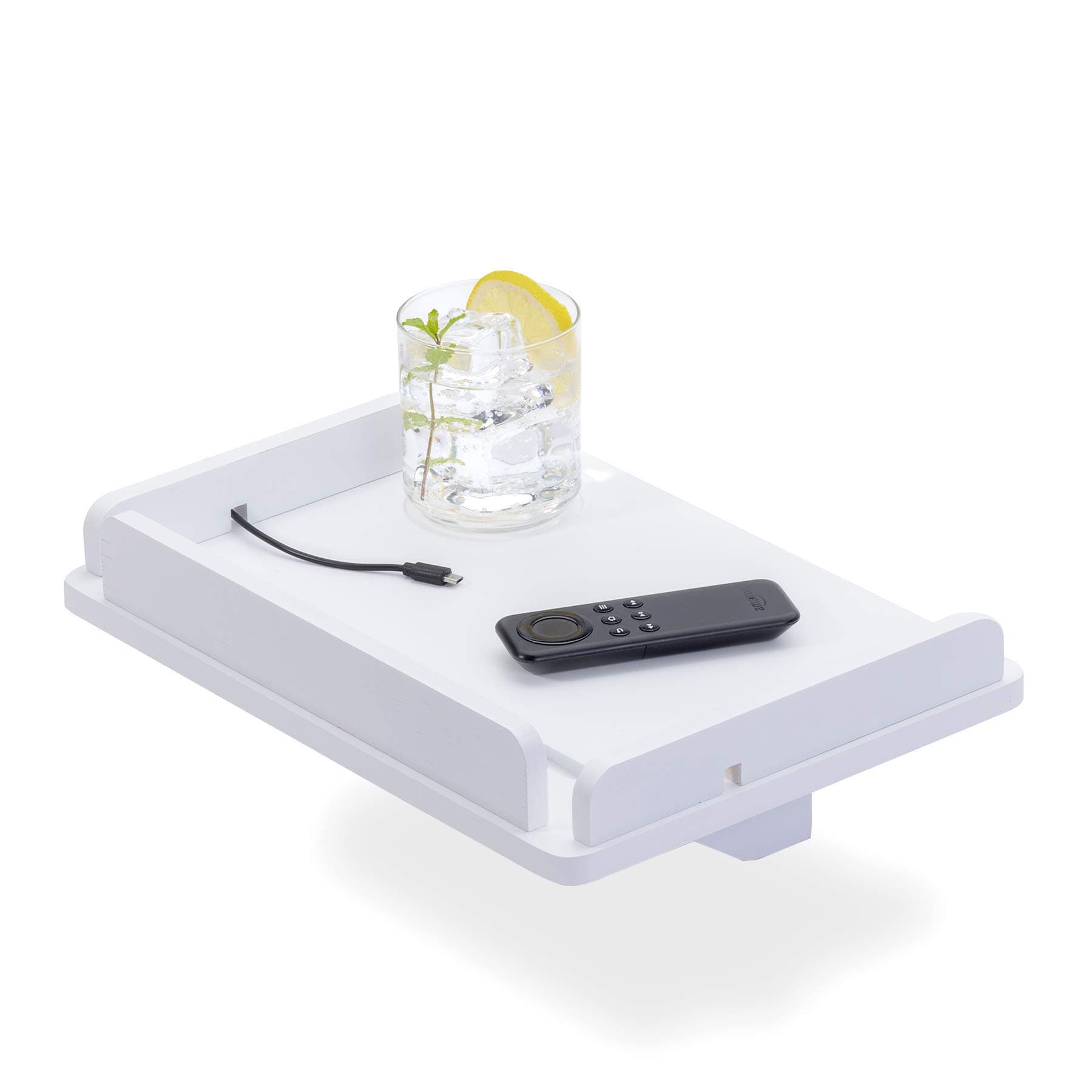 Bedside Caddy Shelf - Sturdy Bunk Bed Or Dorm Room Tray Organizer for Remote Control, Drinks, Laptop, Ipad, and Electronics - Hanging Wooden End Table with Charger Cord Slots (White)