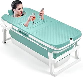 WarmiehomyPortable Bathtub Adult,135x54x61CM Folding Bathtub with Lid,Thicken Barrel Insulated Bathtub with Soap Basket,Neck Pillow,Massage Rollers,Thermometer Display,Deal for Small Spaces,Blue