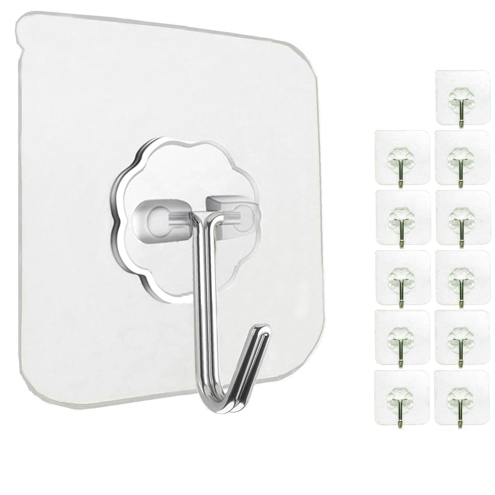 12 Pack Heavy Duty Sticky Wall Hooks - 33lb Max, Transparent, Waterproof, Self Adhesive Hooks for Keys, Bathroom, Shower, Outdoor, Kitchen, Door, Home Improvement, Utility