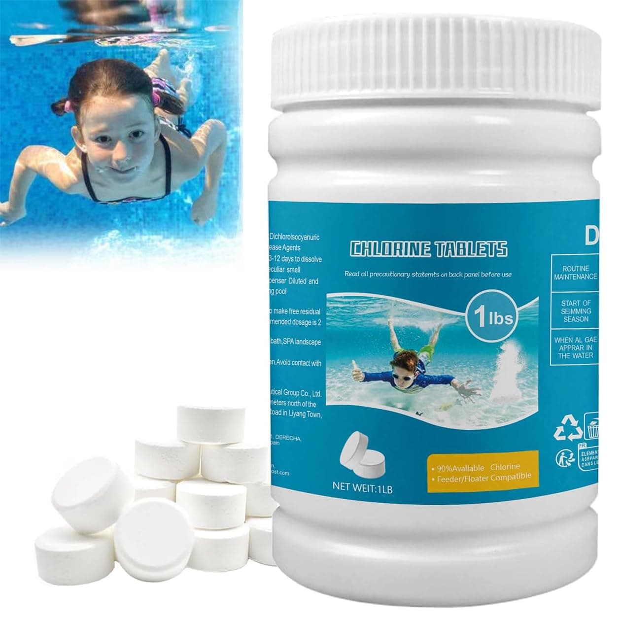 1 lbs Chlorine Tablets for Pool, Chlorine Tabs Pool Multifunctional Pool Cleaning Tablets Single 1 Inch Chlorine Tablets Accessories Cleaning (23 x 23 g)