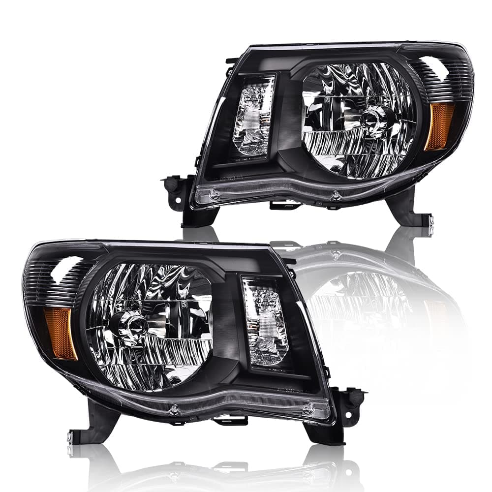 PIT66 Headlights Assembly W/O Bulbs, Compatible with 2005 2006 2007 2008 2009 2010 2011 Toyota Tacoma bumper Headlamp, Clear lens Black Housing Amber Reflector