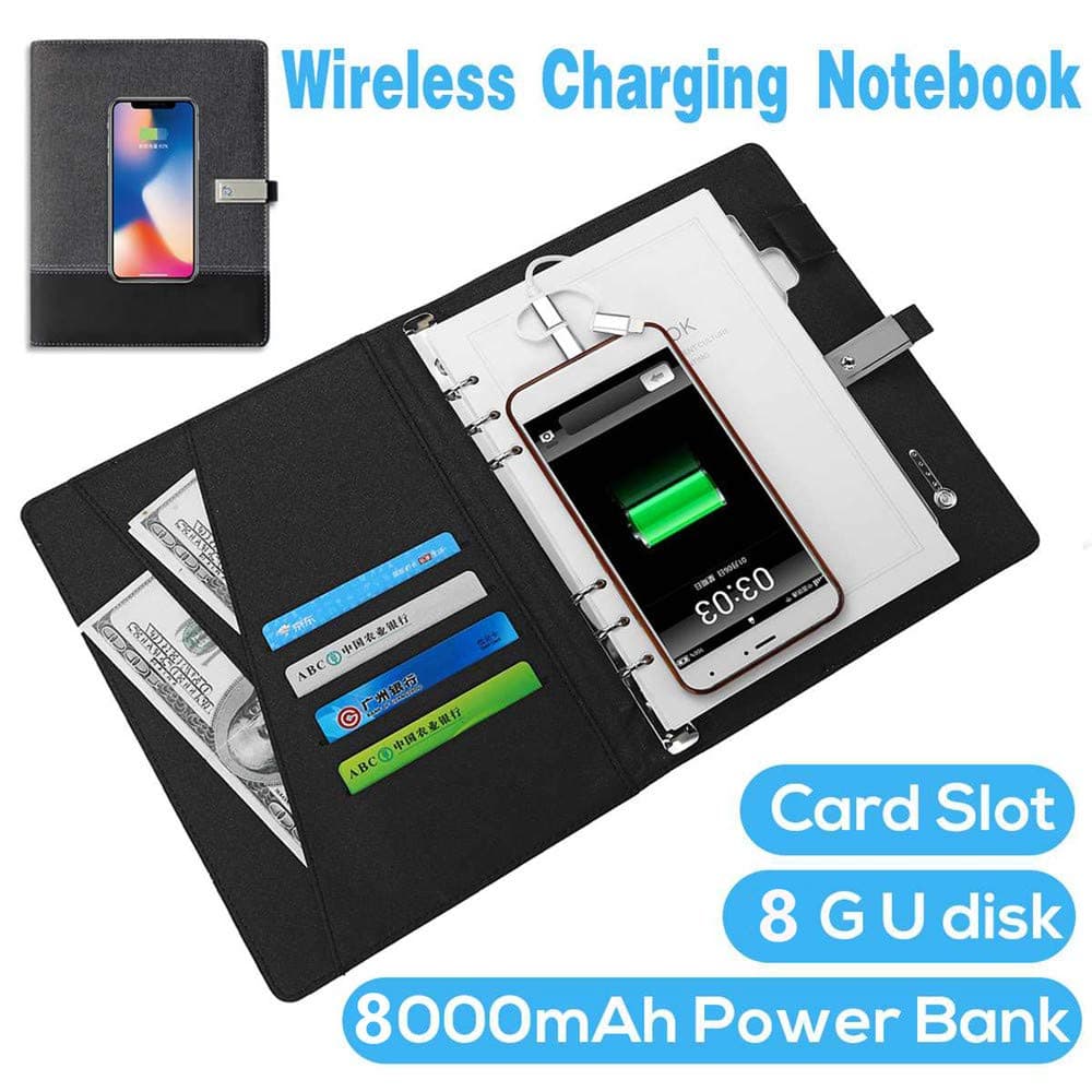 RENYAYA Multi Functional Qi Wireless Charging A5 Note Book Power Bank Notebook 8000mAh Power Bank Binder Spiral Diary Book+8G USB Flash Disk