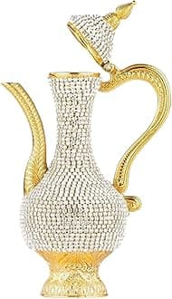 Steel Water Bottle Pitcher with Zirconia Stones | Handmade Metal Carafe Water Tea Coffee Jug Vintage Bottle | Turkish Ottoman Zamzam Pitchers (240 ML / 8.1 Oz, Zirconia Stone, Gold Color)