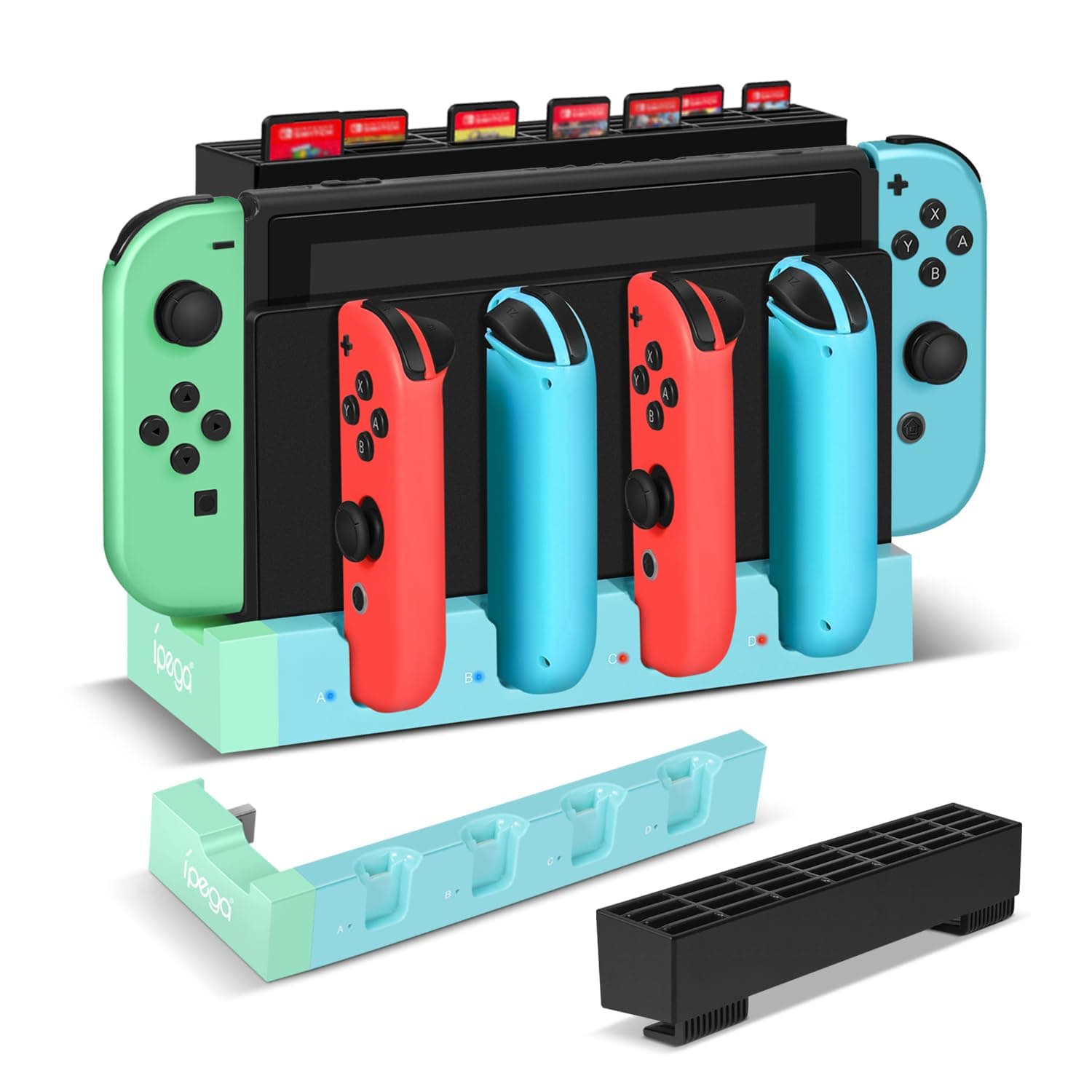 TNP Switch Joy-con Charger for Nintendo Switch Charging Dock Station Base Add-On Mod, Support 4 Joycon Controller with Individual LED Charging Indicator, Remote Docking Stand Attachment (White, Black)