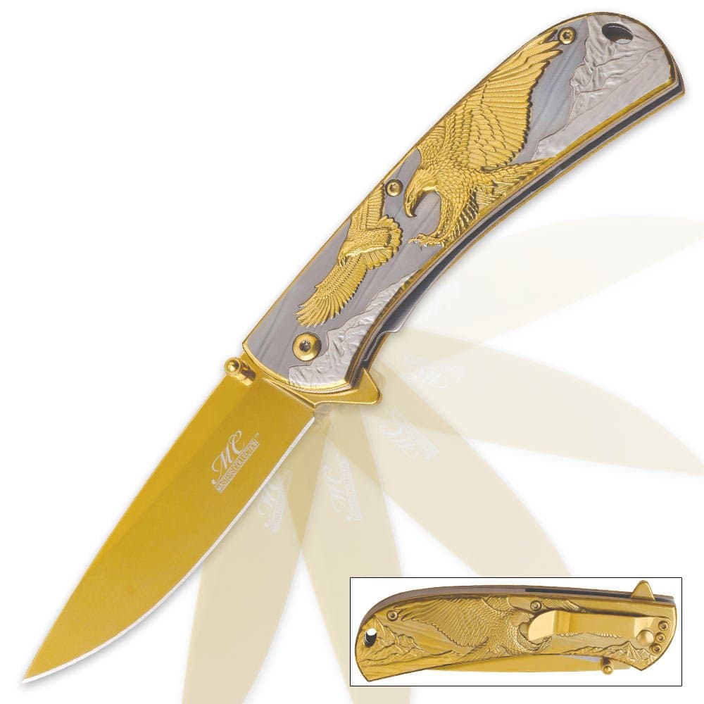MC-A043SG Folder with Thumb Stud & Pocket Clip Gold Tile Stainless Eagle Handle, 4.5"