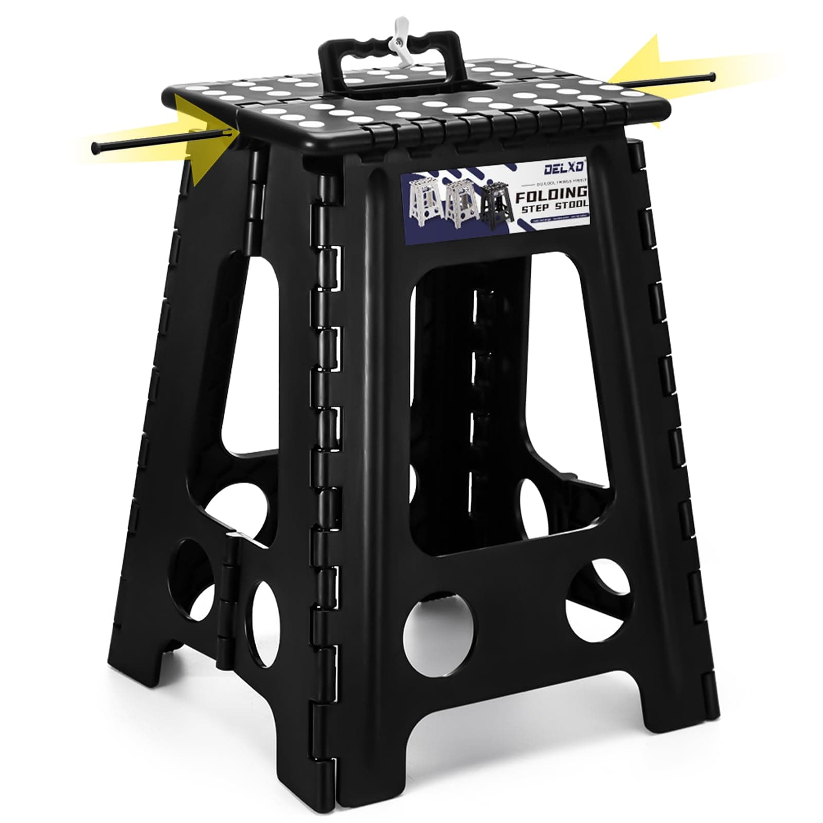 Delxo 17.5 Inch Folding Step Stool,Foldable Stool for Adults with Safety Lock,Portable Collapsible Plastic Step Stool,Non Slip Folding Stools for Kitchen Bathroom Bedroom Up to 400LBS,(Black 1PC)