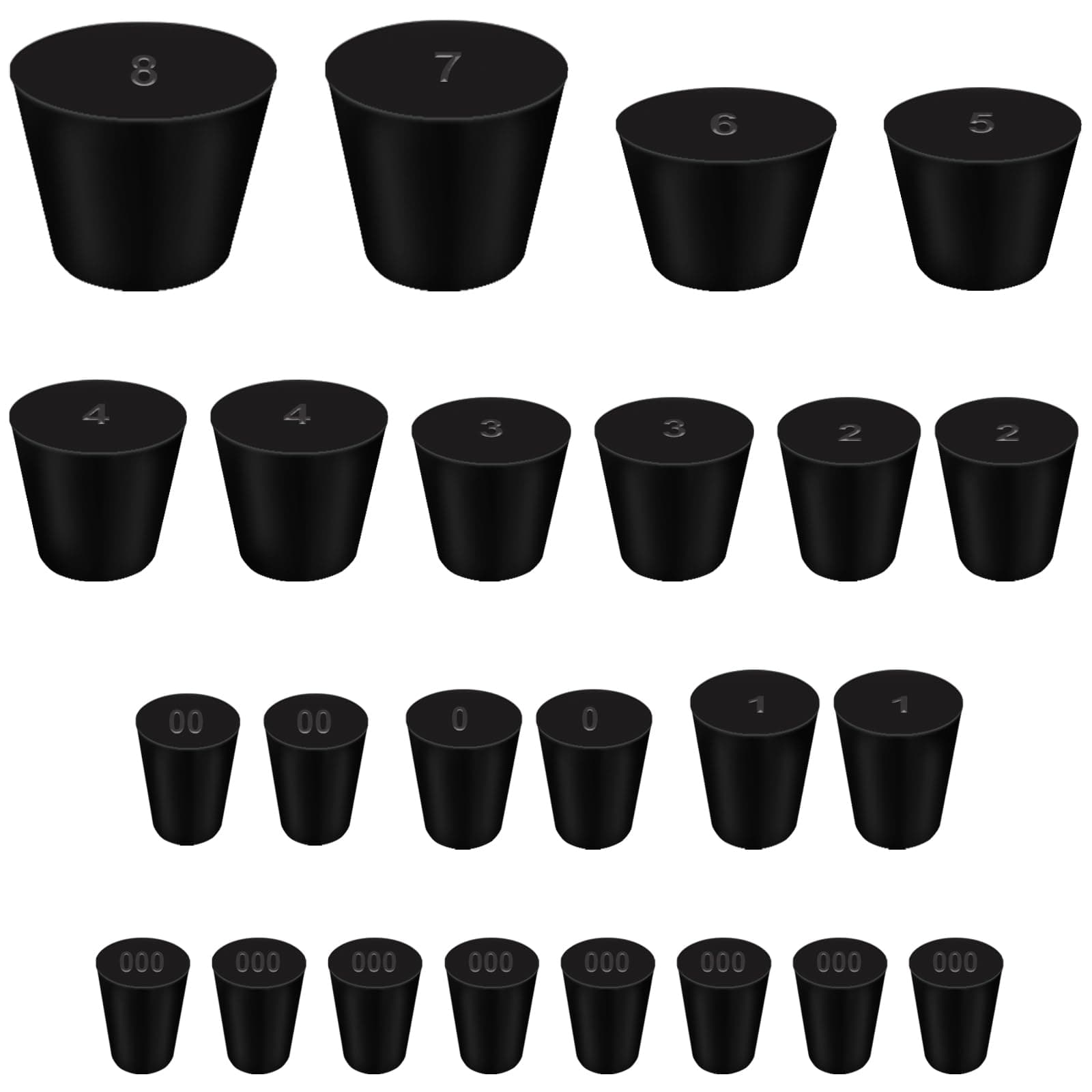 24Pcs Solid Rubber Stopper 11 Assorted Sizes 000# - 8# for Flask, Plug Holes, Lab Seal Rubber Stoppers
