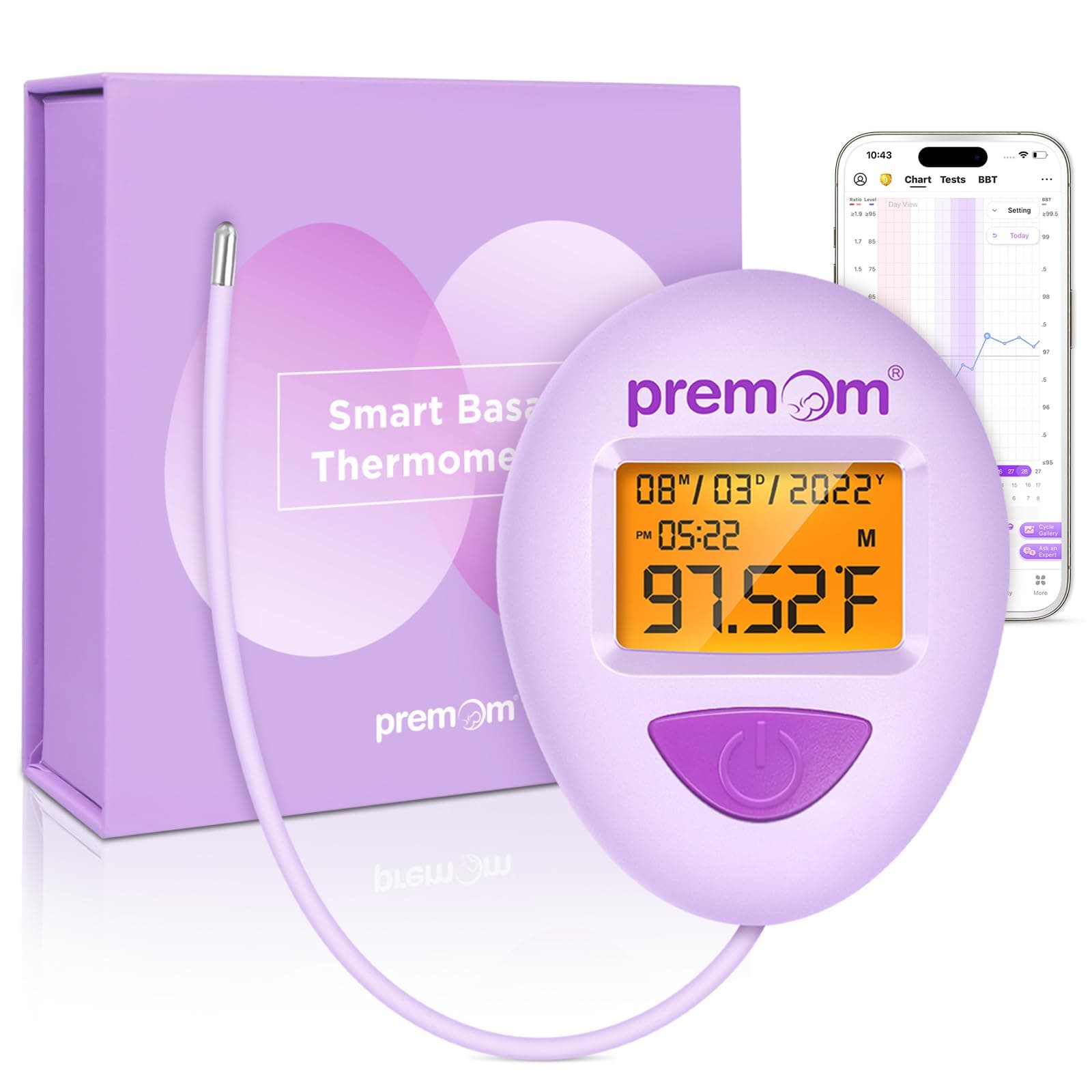 Premom Smart Basal Body Thermometer for Ovulation: Long-Tip for Hands-Free, Digital Ovulation Tracker with 1/100th Degree High Precision, Backlight & 60 Memory | Premom App Supported | EBT-380