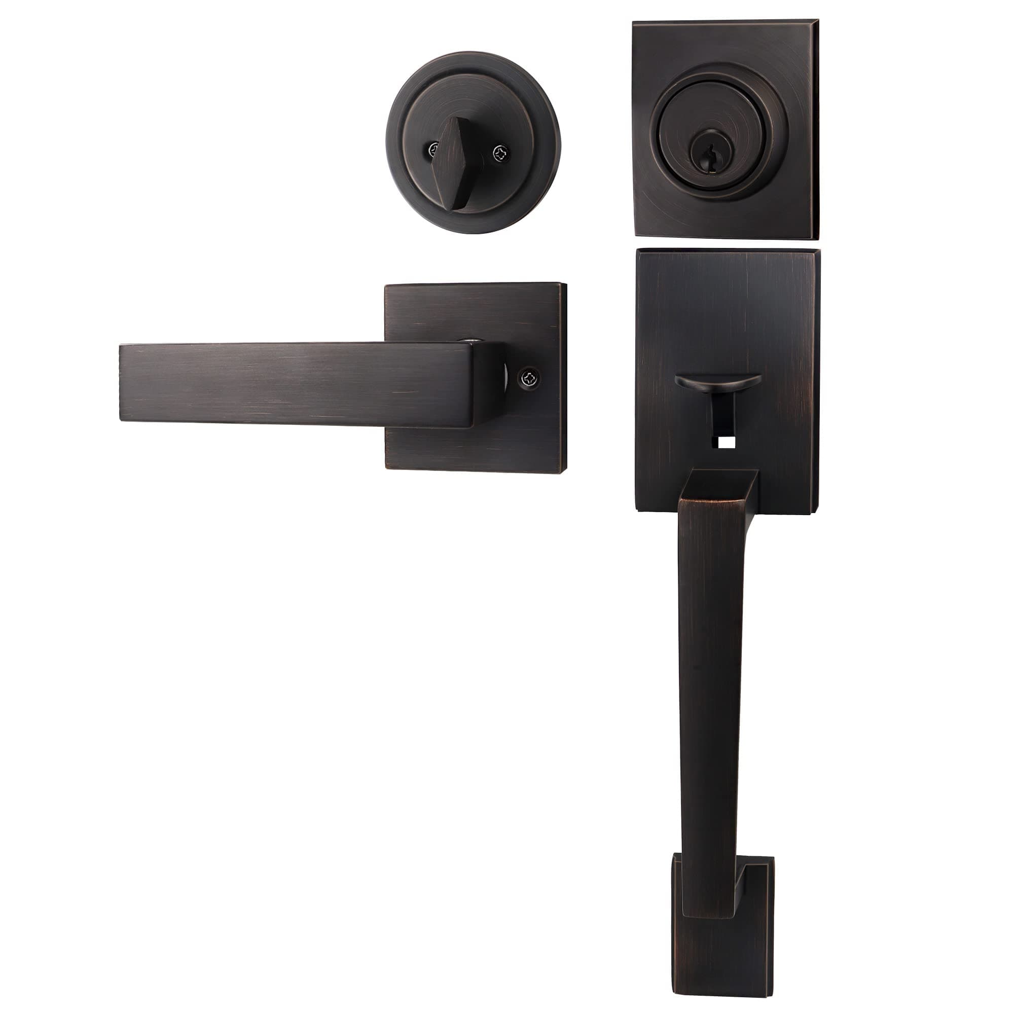 Azdele Front Door Handle and Deadbolt Set, Front Door Lock Set, Exterior Door Lock Set, Front Door Handle with Single Cylinder Deadbolt for Exterior Door, Reversible for Right&Left(Oil Bronze Modern)