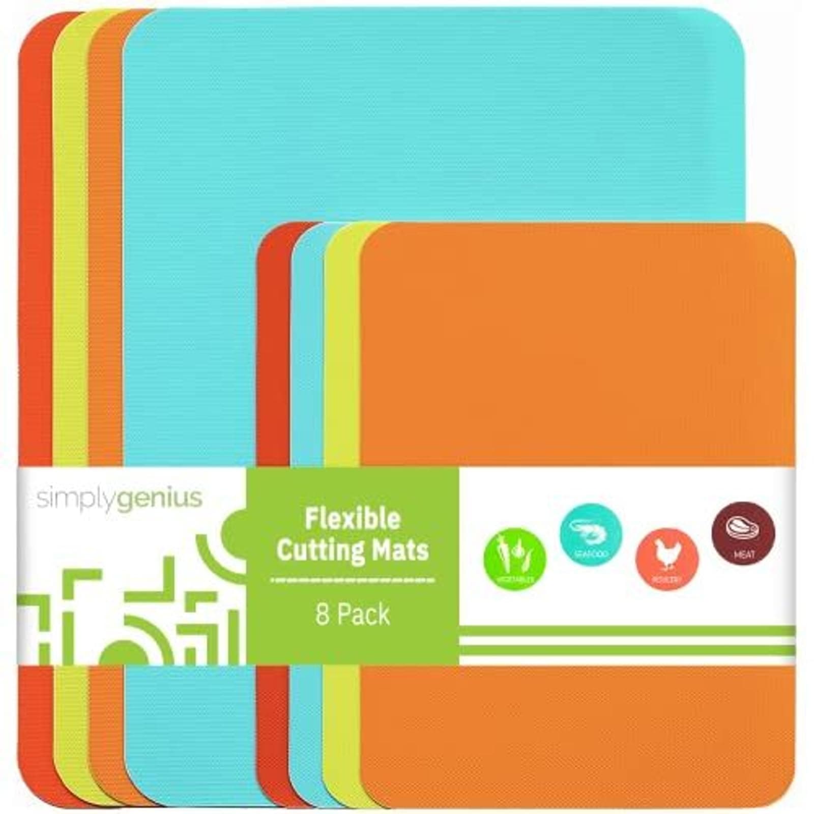 Simply Genius Cutting Boards - 8-Pack, Multicolor, 4 Large & 4 Small - Flexib...