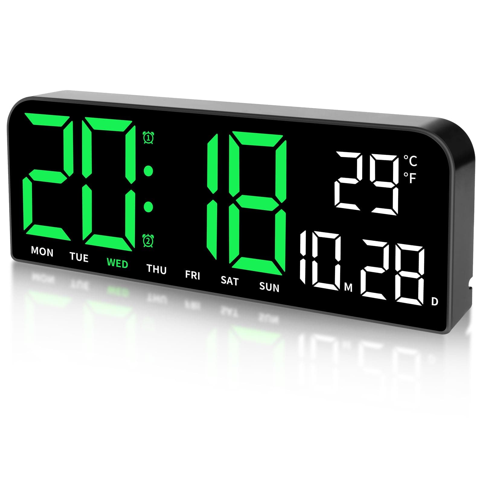 Padom Digital Wall Clock, 9.6” LED Large Digital Alarm Clock with Remote Control, 3 Inch Font, Desk Modern Electric Wall Clock for Living Room Bedroom Garage Decor Teens Elderly (BLACK-Green)