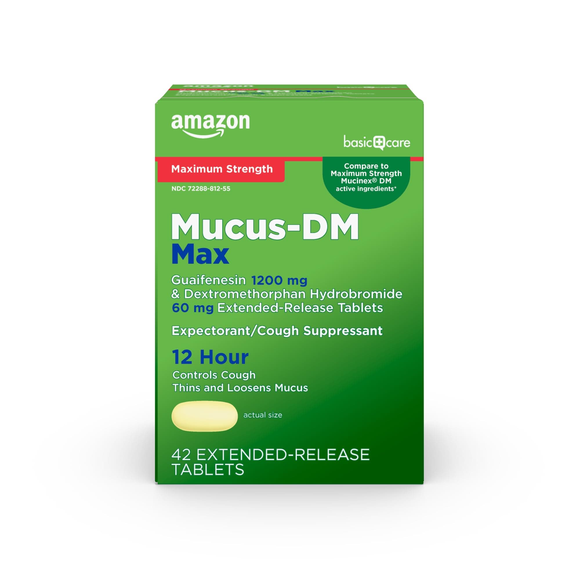 Amazon Basic Care Maximum Strength Mucus DM, Expectorant and Cough Suppressant Extended-Release Tablets, 42 Count