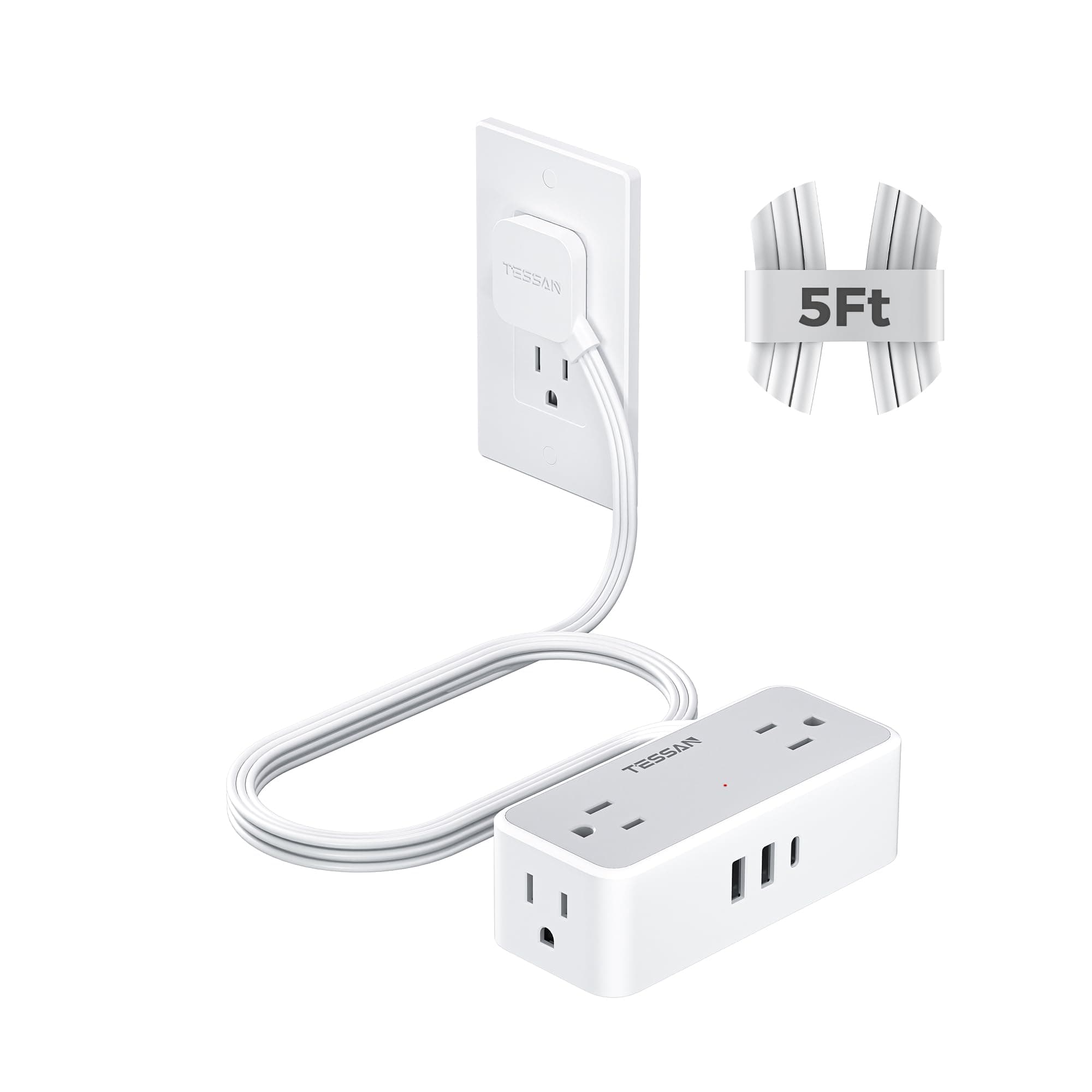 TESSAN Flat Plug Extension Cord 5 FT, Surge Protector Power Strip with 4 AC Outlets 1 USB C and 2 USB A Ports, 900 Joules Protection, Multiple Wall Outlet Extender Suitable for Office Dorm, Grey