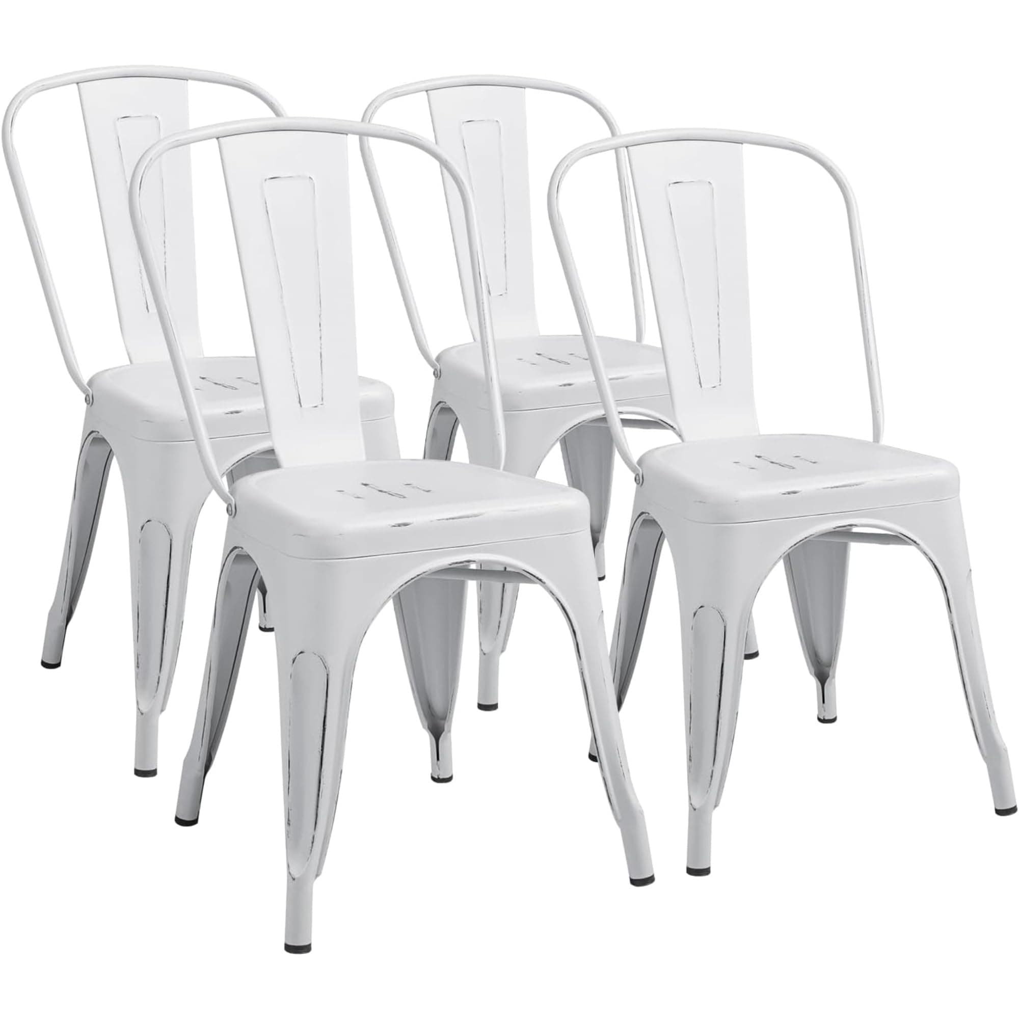 Metal Dining Chair Indoor Outdoor Use Stackable Chic Side Classic Trattoria Metal Chairs Set of 4 for Kitchen, Dining Room, Bistro and Cafe (Distressed White)