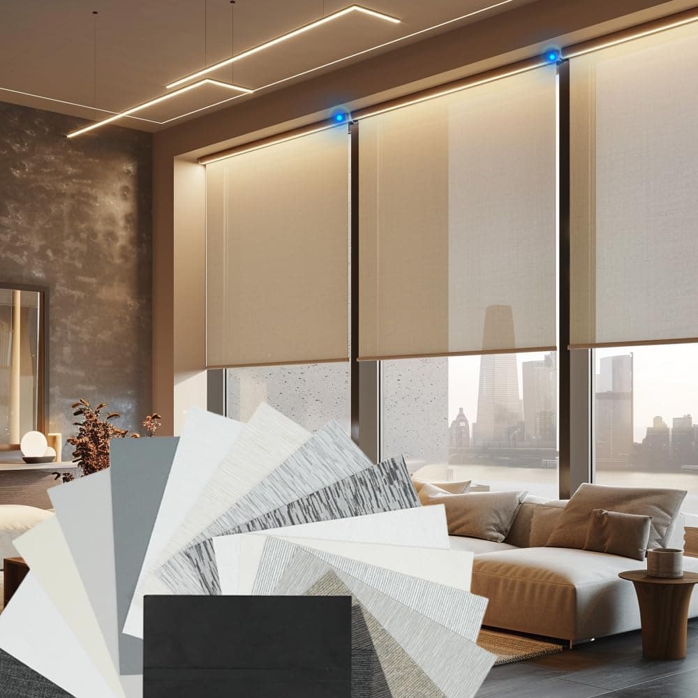 Motorized Light Filtering Shades, Work with Homekit Thread, Alexa Google Home, 60% Blackout Shades Translucent, Cordless Window Blinds with Remote Fabric Sample, Multi-Color