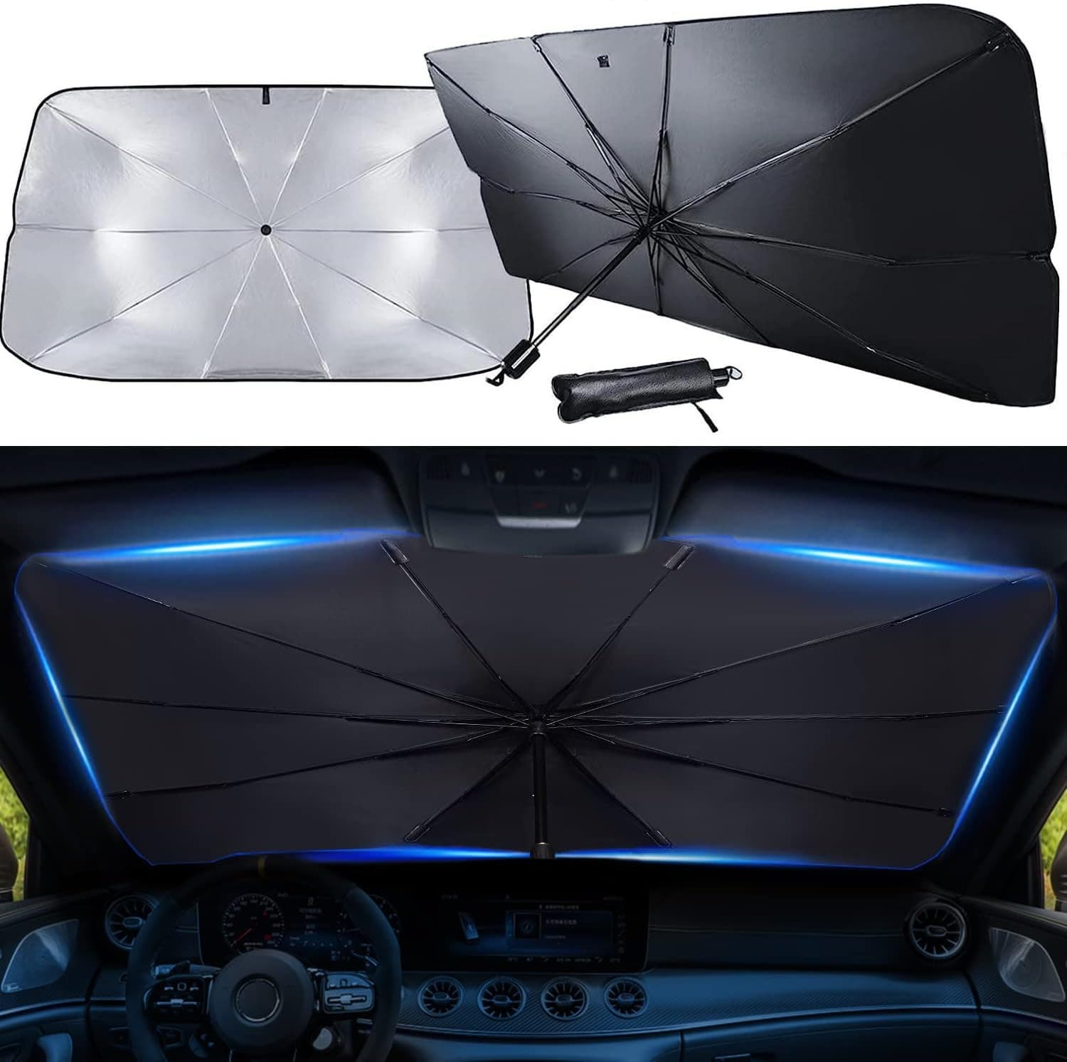 Car Windshield Sun Shade Umbrella, Durable 360° Bendable Car Shield Umbrella for Interior Sun Protection, Full Cover UV/Block Heat, Fit Compact/Midsize Sedan & Compact/Small/Medium SUV (49.2x25.5)