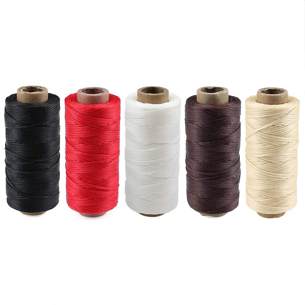 Leather Waxed Thread Cord 150D 1mm 50 Meter 5 Pack Durable for DIY Handicraft Tool Hand Stitching Thread Black Brown White Beige Red