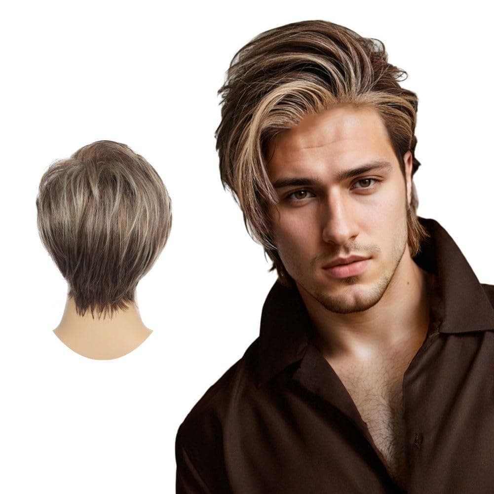 Swiking Men Wig Short Blonde Brown Layered Natural Synthetic Hair Full Wigs for Male Guy Daily Party Wear (Brown Blonde)