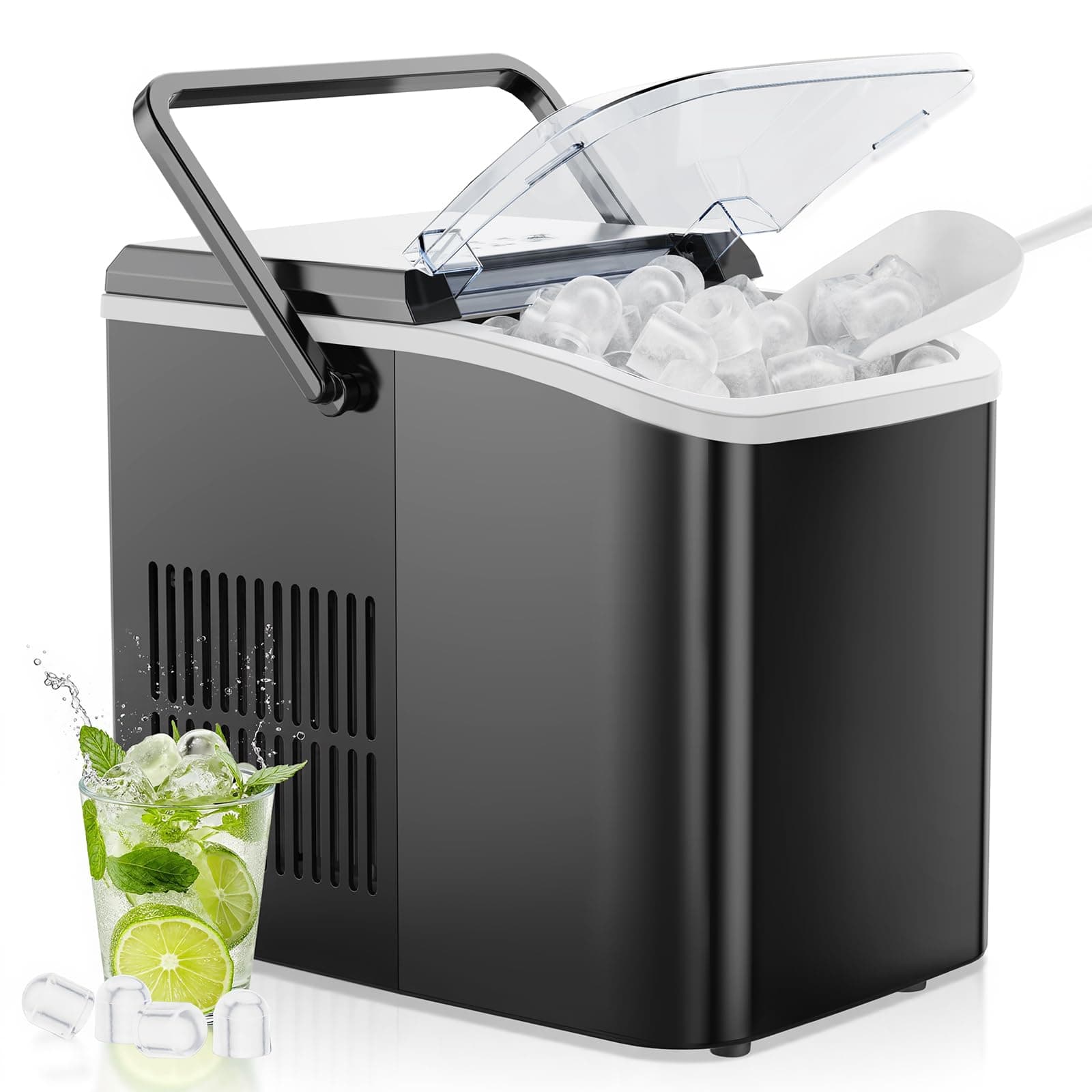 OLIXIS Ice Maker Machine with Handle,26lbs in 24Hrs,9 Ice Cubes in 6 Mins,Auto-Cleaning Portable Ice Maker with Basket and Scoop, Countertop Ice Maker for Home/Kitchen/Camping/RV, Black