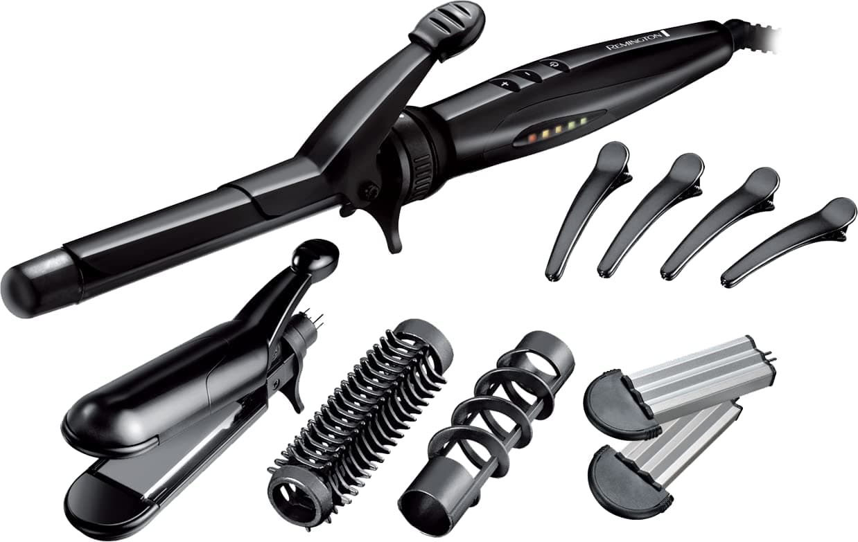 S8670 Multi-Style Includes Reversible Styling Plates, 19 mm Curling Tong, Round Brush and Spiral Curling Attachment, Hair Clips, Black