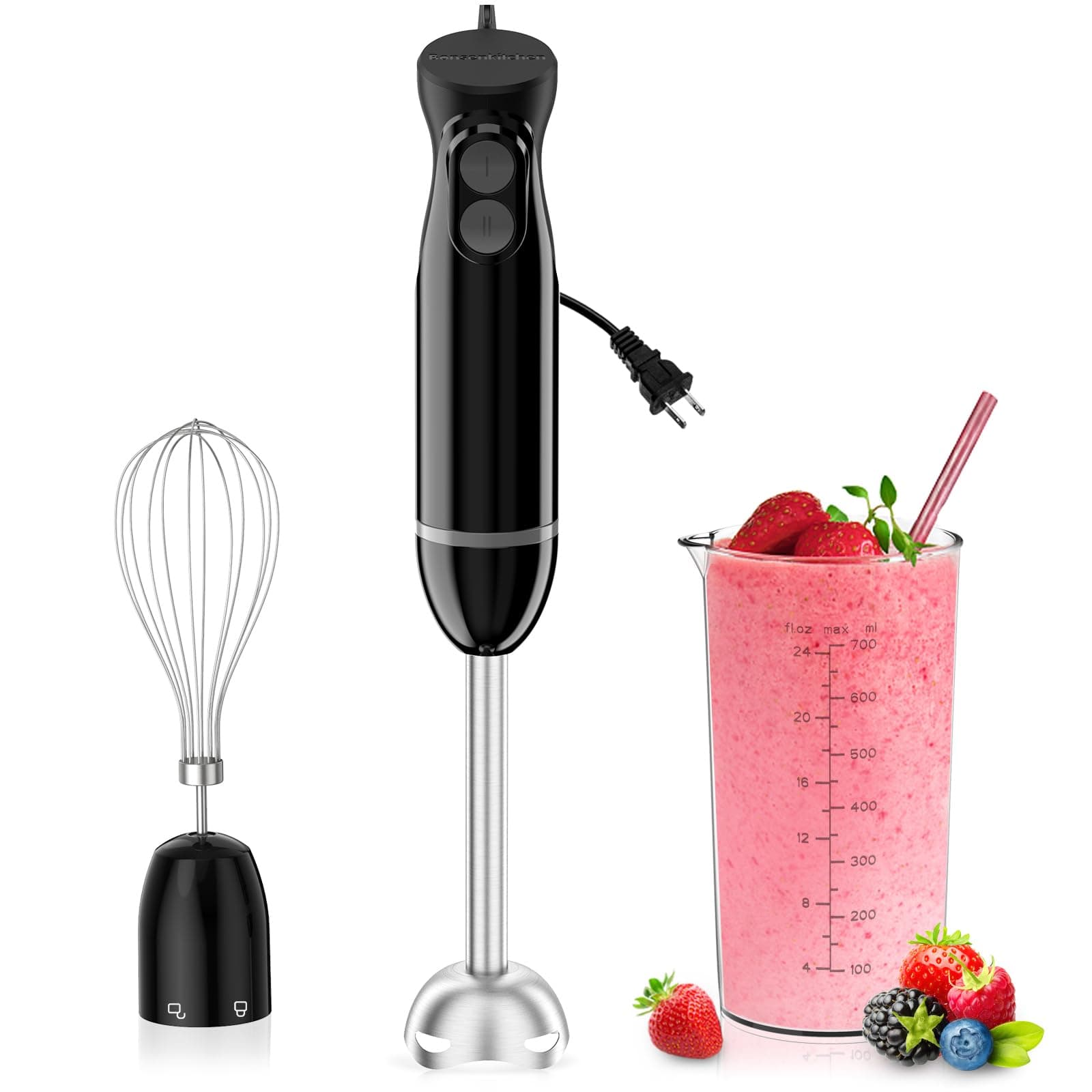 Bonsenkitchen Immersion Blender Handheld, 2 Mixing Speed Hand Blender Electric with Sharp Blades, 3-In-1 Hand Held Stick Blender with Egg Whisk, 24oz Beaker for Soups, Smoothies, Sauce
