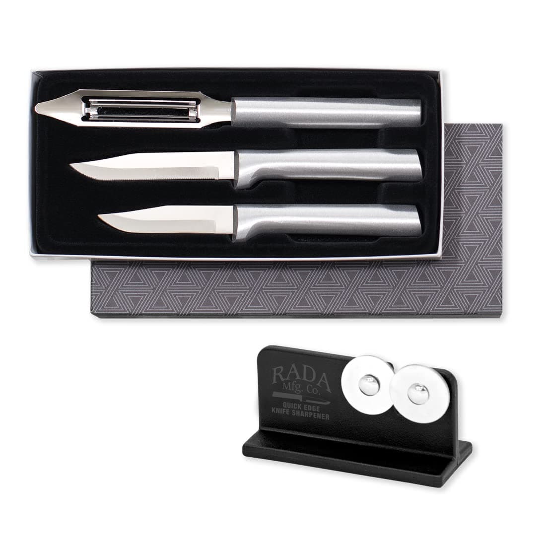 RADA3-Piece Silver Handled Basics Knife Gift Set With Knife Sharpener