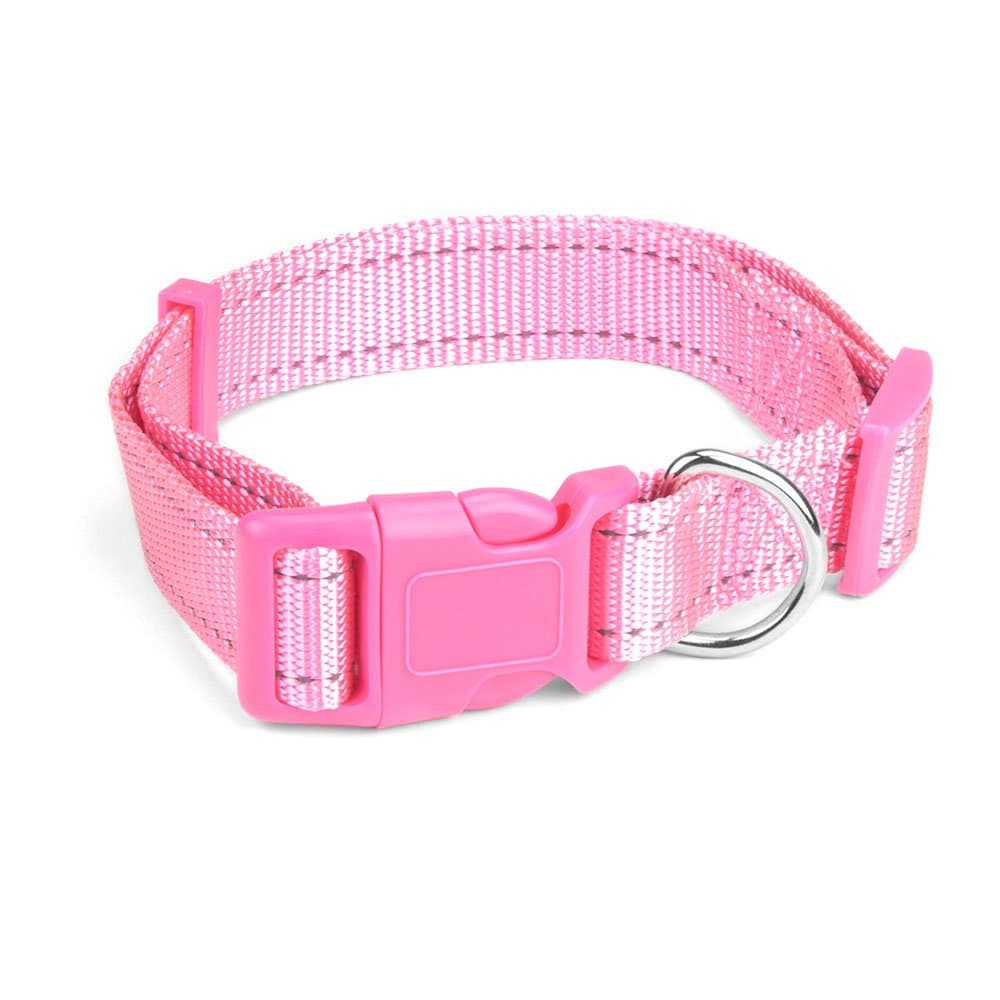 Adjustable Nylon Dog Collar with Hi-Visibility Reflective Thread (Pink, Large)