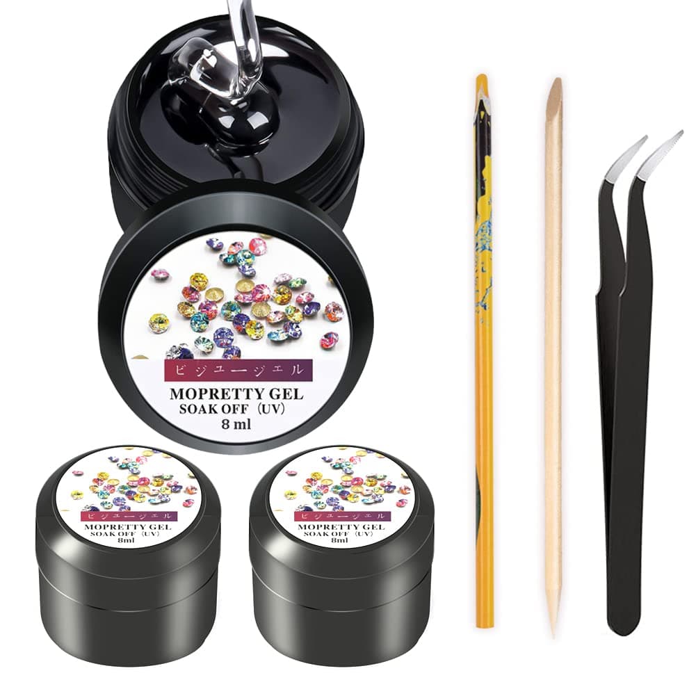 Super Sticky 8ml x 2 Rhinestone Glue Adhesive Builder Tip Manicure Nail Art Decoration Clear UV Gel With 1 Painting Pen 1 wood stick 1 Tweezer (UV Light Cure Needed)