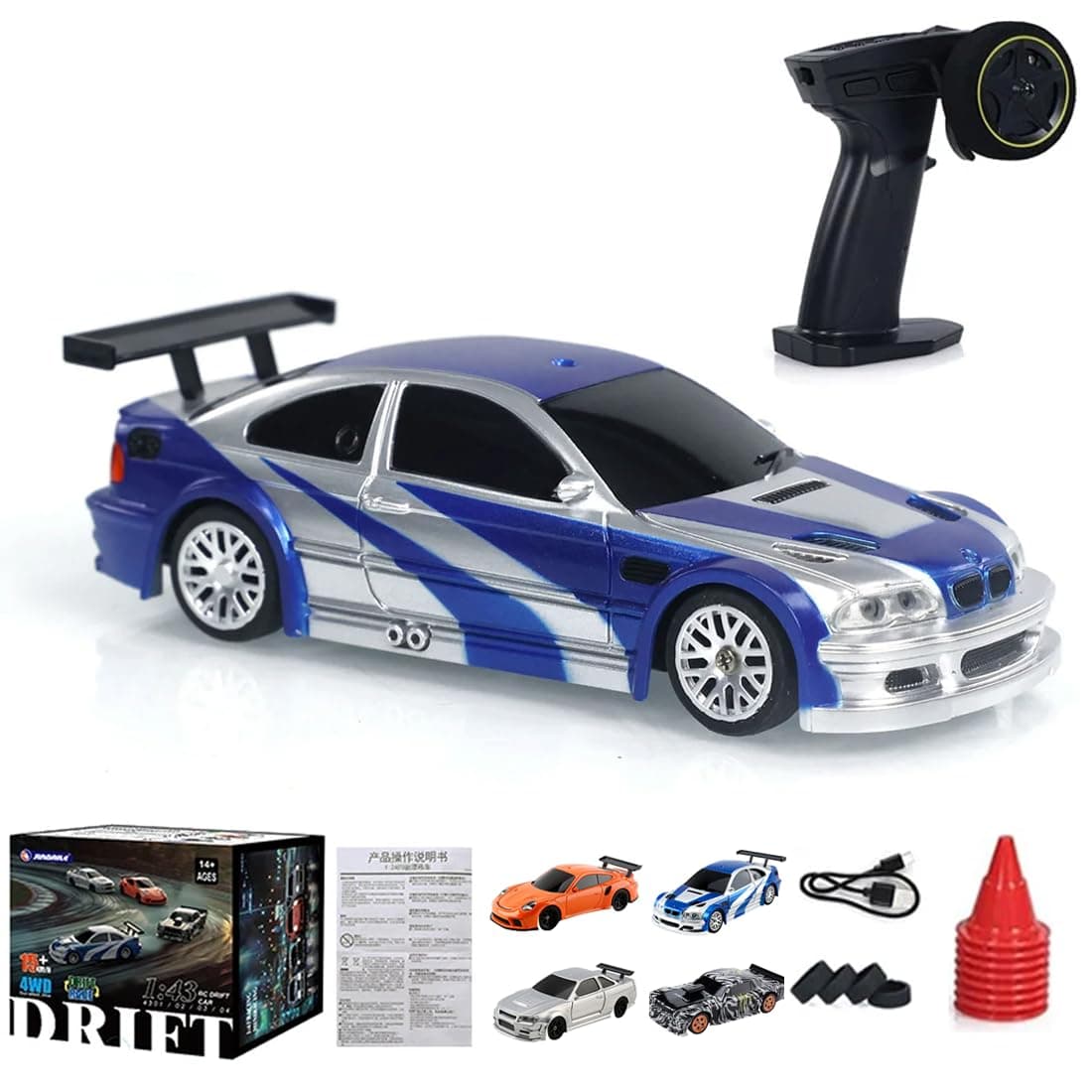 1/43 Scale RC Mini Drift Car with Lights Kit, 2.4G Electric 4WD RC Racing Vehicle Remote Control High-Speed Car for Boys Adults - RTR Version