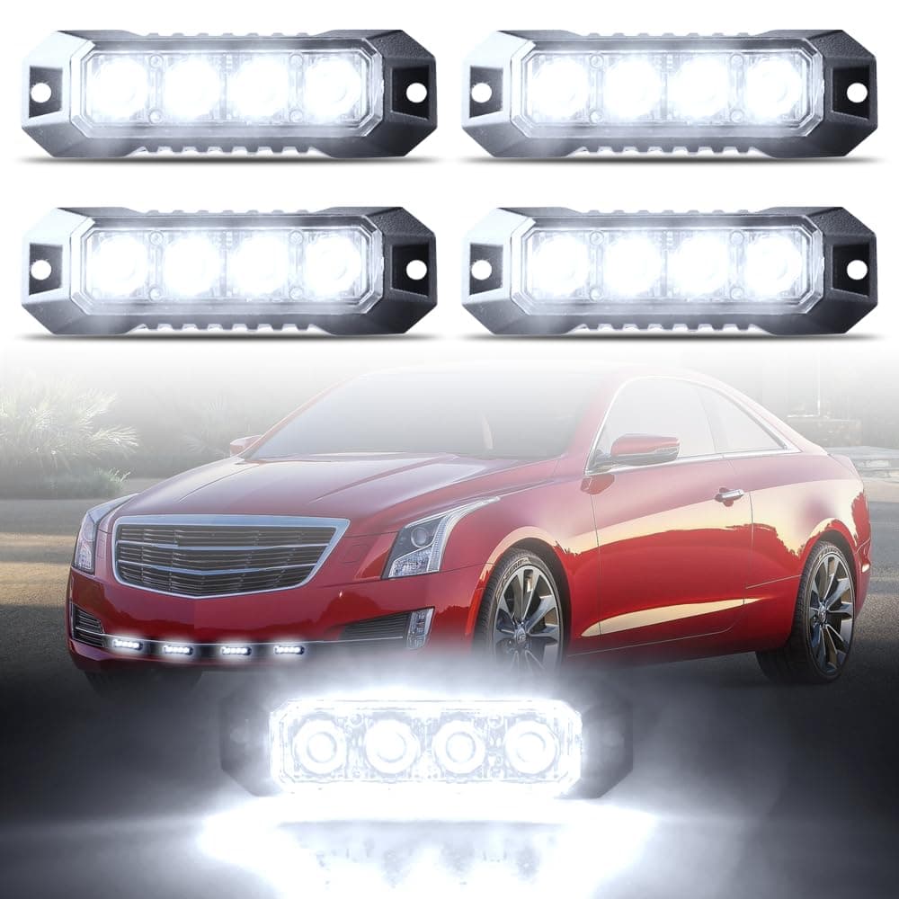 4-LED Surface Mount Strobe Lights for Trucks Car Vehicle Mini Grille Flashing Light Head Emergency Hazard Warning Grill Lamp Ultra Slim 4pcs Sync Feature (White)