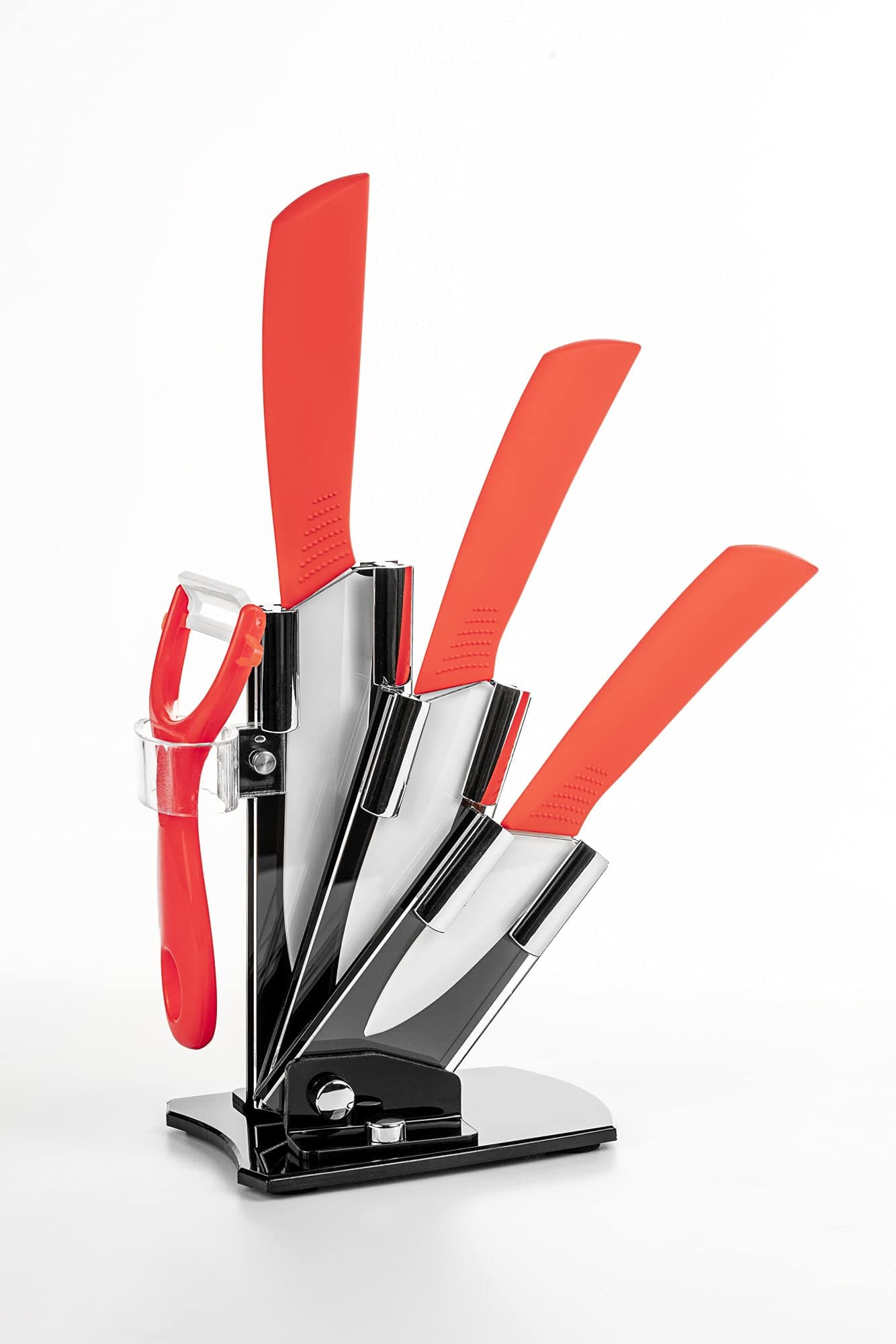 HometricCeramic Knife Sets with Block, 4 Piece Kitchen Knives Set with Ergonomic Handle, Rust Resistant and Light Weight Knife Block Set with Knives and Vegetable Peeler (red)