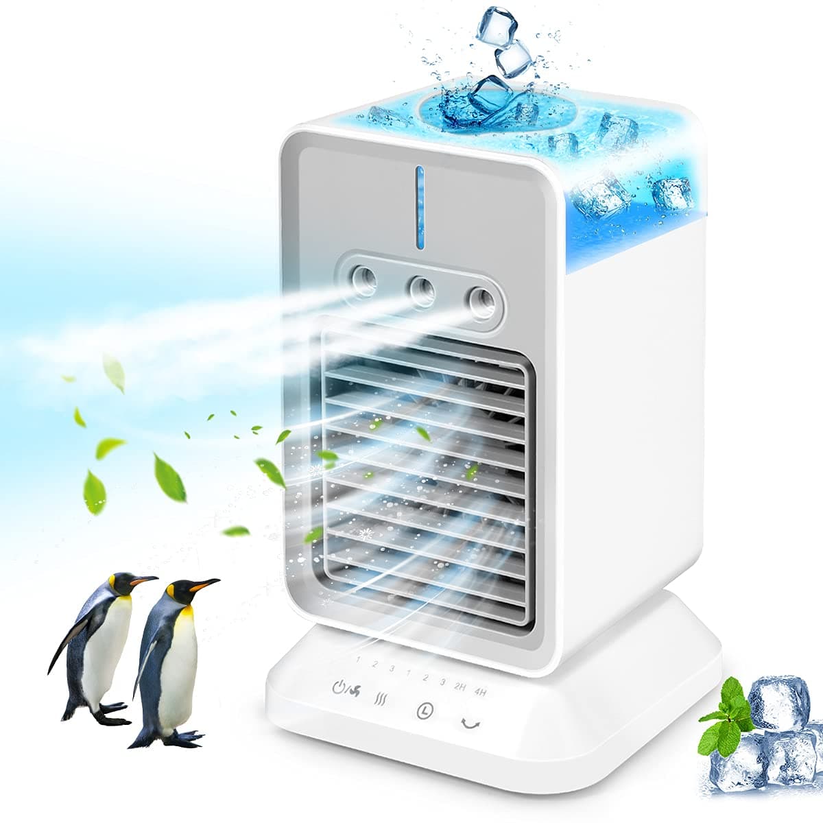 Portable Air Conditioner, 2000mAh Rechargeable Atomization Fan (Timeable 2-4H), 90degree Oscillation Cool Breeze Air Conditioner, Personal Space Cooler for Rooms, Offices, Campers, White