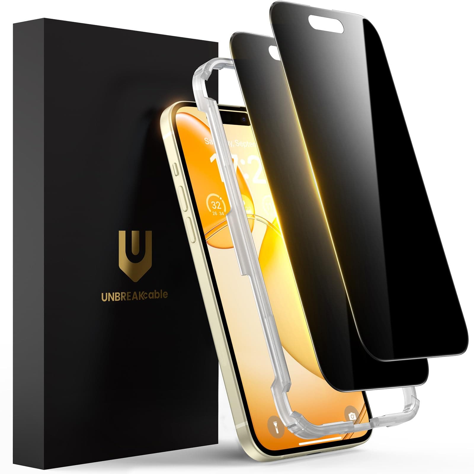 UNBREAKcable Privacy Screen Protector for iPhone 15, Full Coverage Anti-Spy Shatterproof Tempered Glass [True 28°Anti Spy] [Edge to Edge] [Easy Installation Frame] Black Protector for Apple iPhone 15