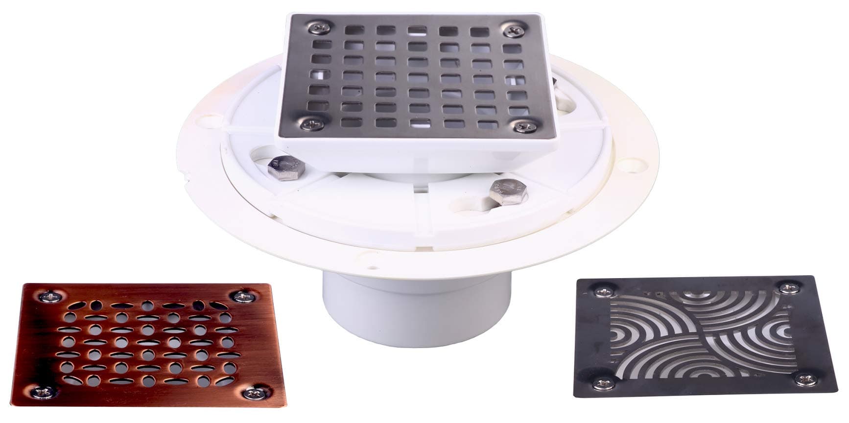 PVC Drain for Tiled Shower Bases, with 3 Different Strainer Grate Patterns, for 2" Sch.40 pipe