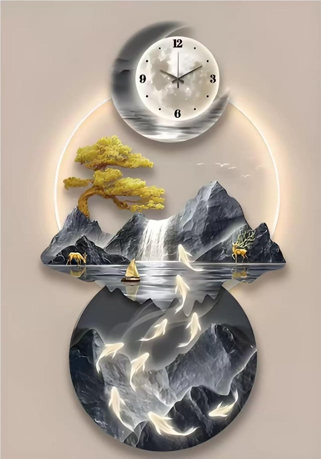 Modern 3D Wall Art Sculpture with LED Light, Plug-in Clock Home Decor, UV Engraved Wall Hanging for Bedroom, Living Room, Apartment(J,23.6"x47.2")