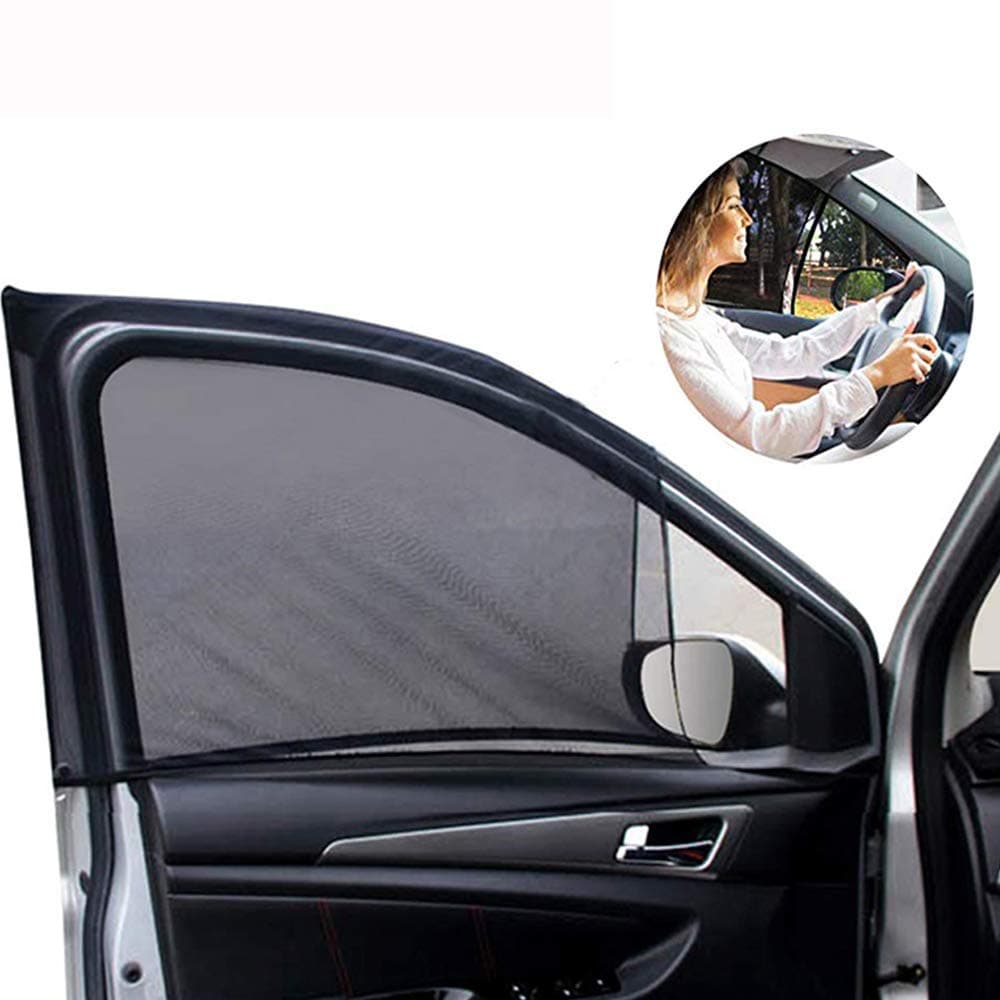 Car Front Window Sun Shade - 2 Pack Breathable Mesh Car Side Window Shade Sunshade UV Protection for Driver Family Pet on Front seat, Curtain with Two Holes to See Rearview Mirror, Size M