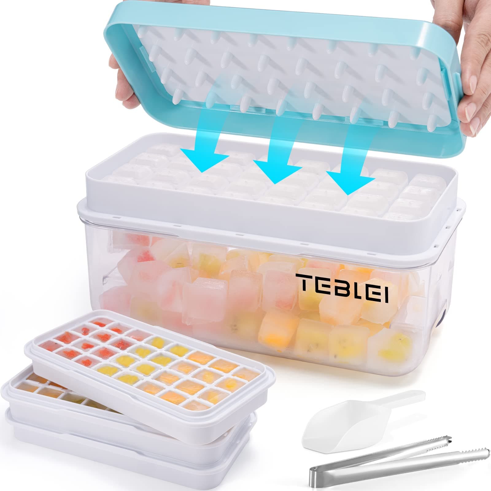 Ice Cube Tray with Lid and Bin, 96Pcs Mini Ice Cube Trays with Scoop and Tongs, Ice Maker for Small Freezer, Kitchen Gadgets and Apartment Essentials, Easy-Release & Stackable