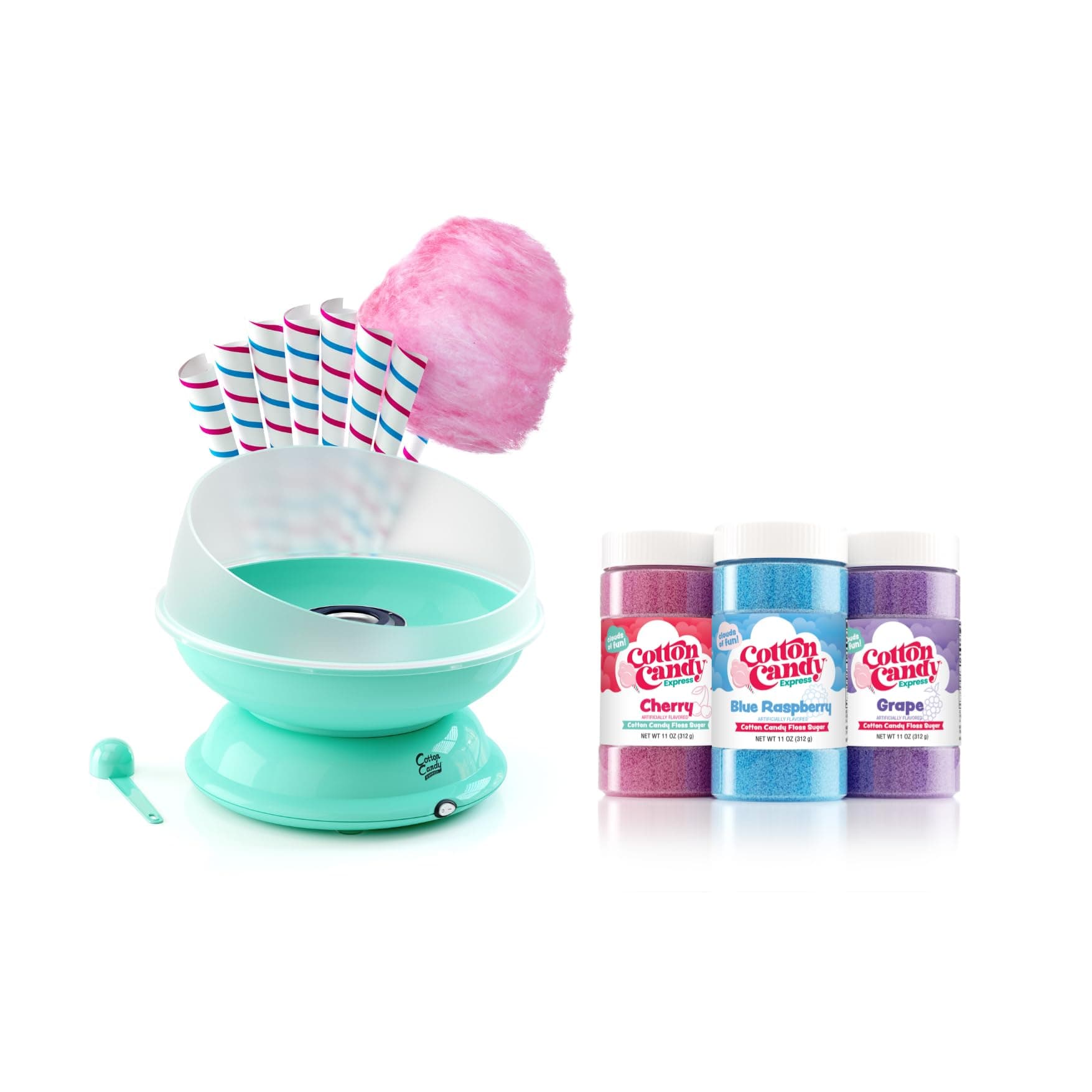 BB1000-S Cotton Candy Machine, with 3-11oz. Jars of Cherry, Grape, Blue Raspberry Floss Sugar & 50 Paper Cones. Easy to Use and Clean. Nostalgia and Fun for Kids and Adults