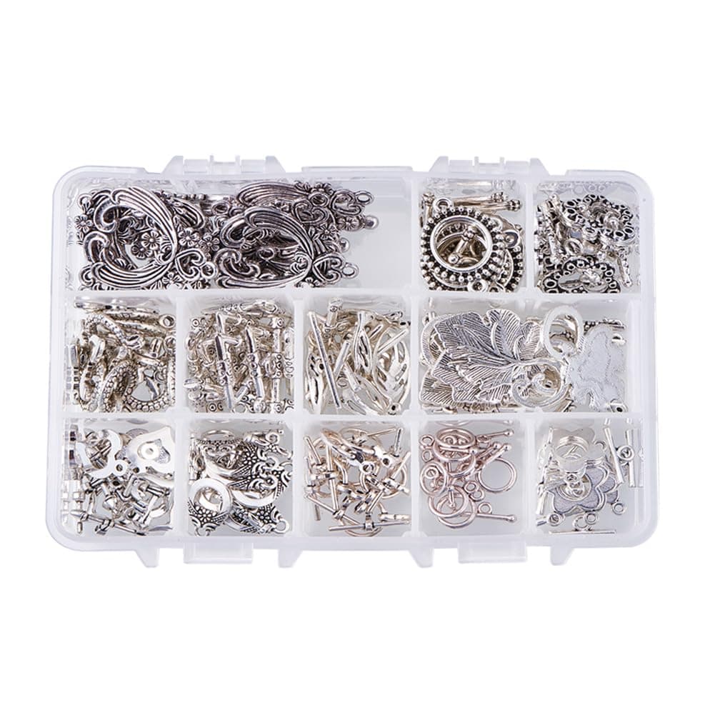 PH PandaHall 96 Sets Toggle Clasps, 12 Styles Heart Hook Clasp Flower Hook Toggle Connectors Butterfly TBar Clasps Leaf Fastener Toggle Tibetan Style Connectors for Necklace Bracelet Jewelry Making