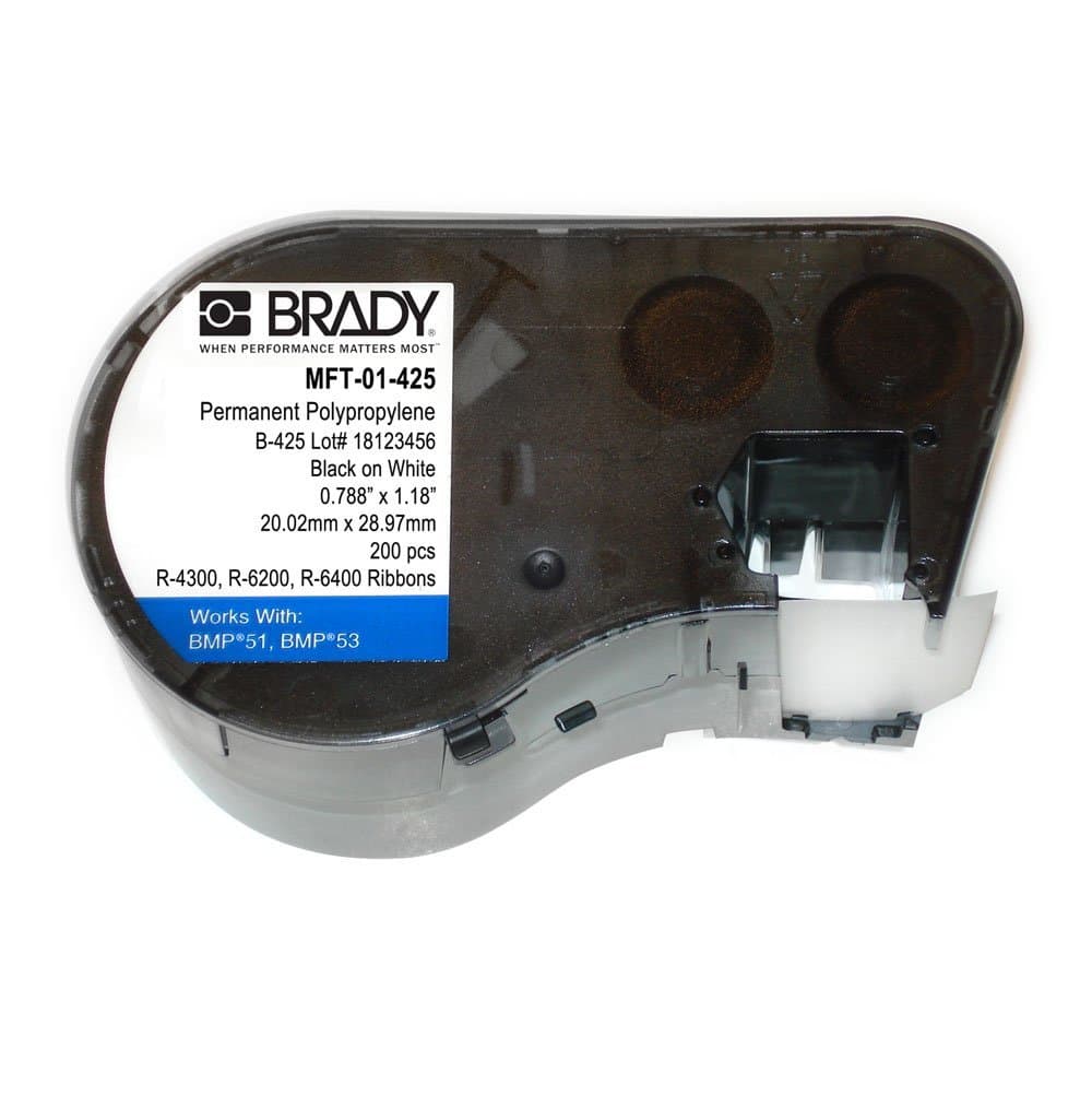 MFT-01-425 Polypropylene B-425 Black on White Label Maker Cartridge, 1-11/64" Width x 25/32" Height, For BMP51/BMP53 Printers