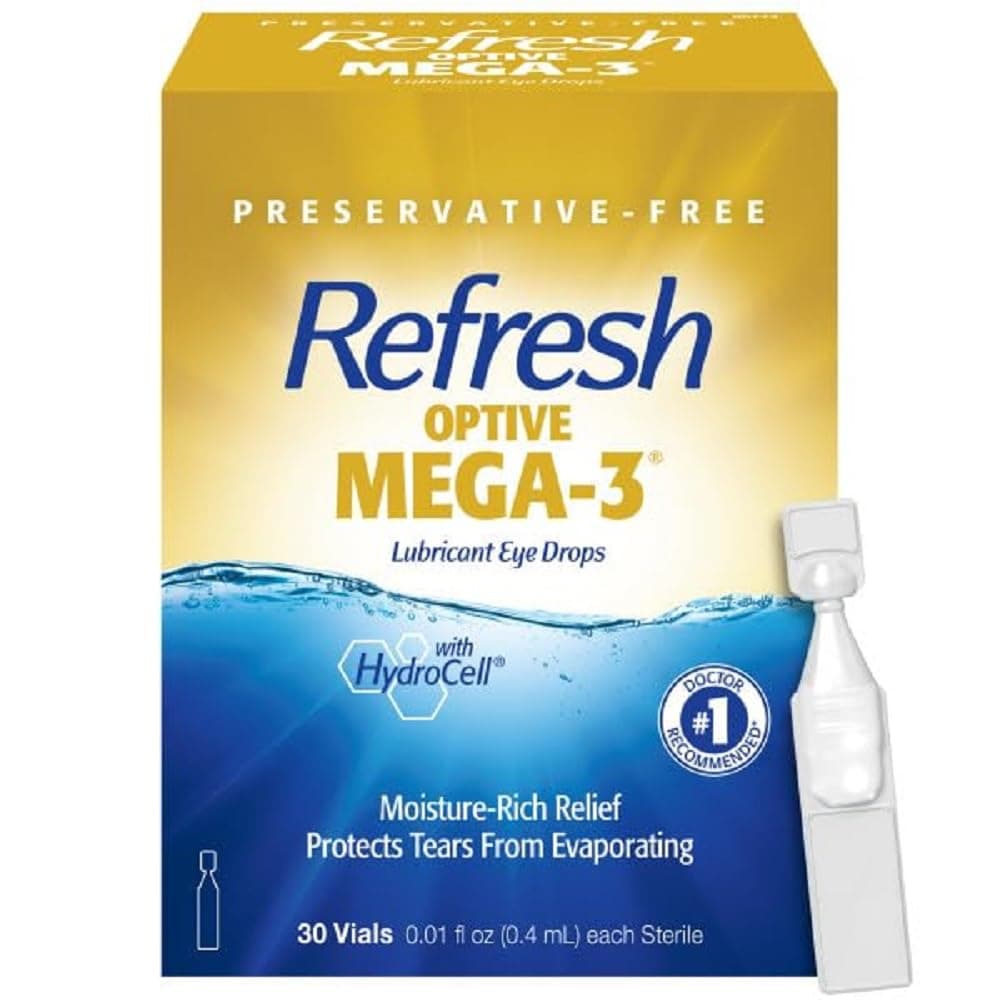 Refresh Optive Mega-3 Lubricant Eye Drops For Dry Eyes, Preservative-Free, 0.01 Fl Oz Single-Use Containers, 30 Count