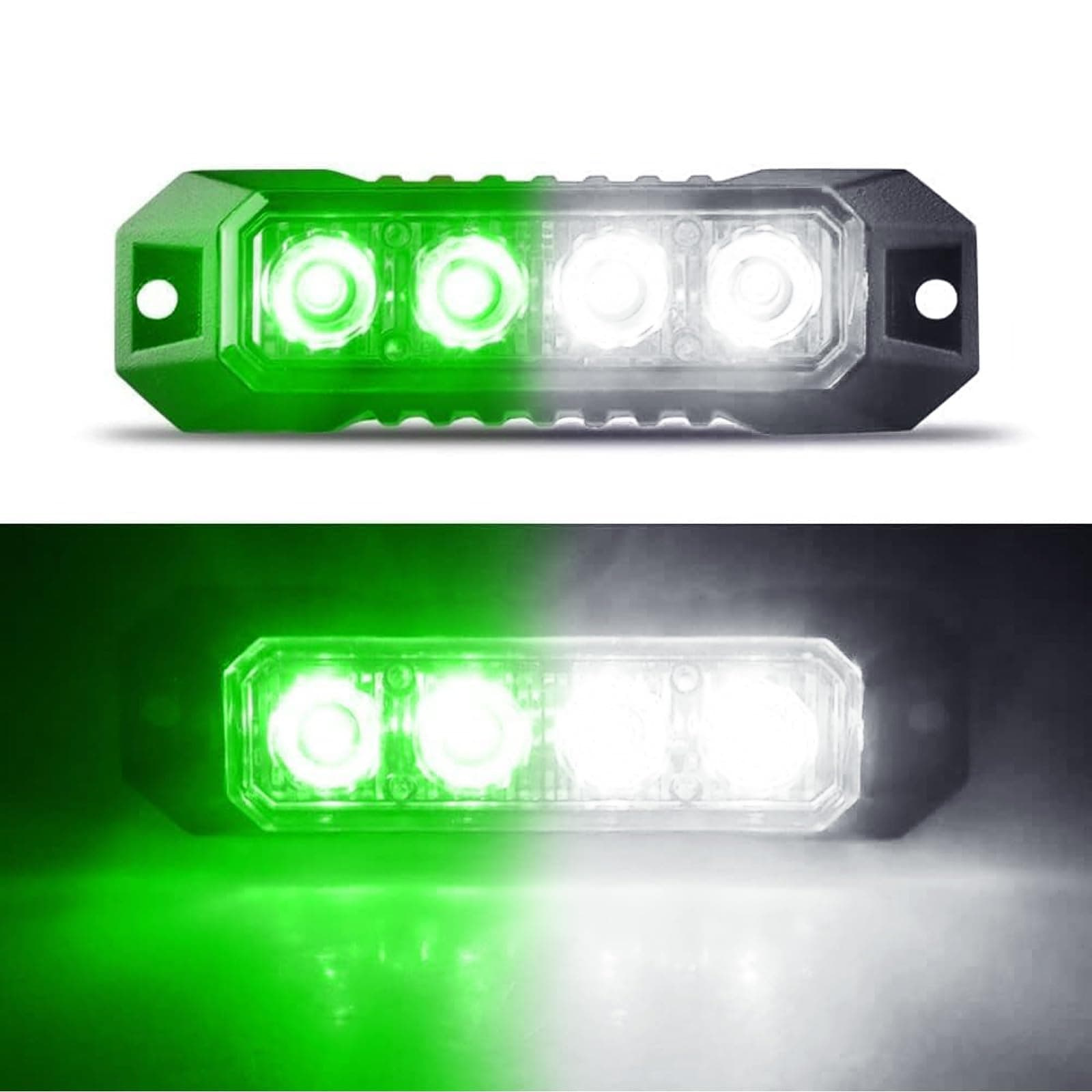 4-LED Sync Feature Ultra Slim Surface Mount Flashing Green White Strobe Lights for Truck Car Vehicle LED Mini Grille Head Emergency Beacon Hazard Warning