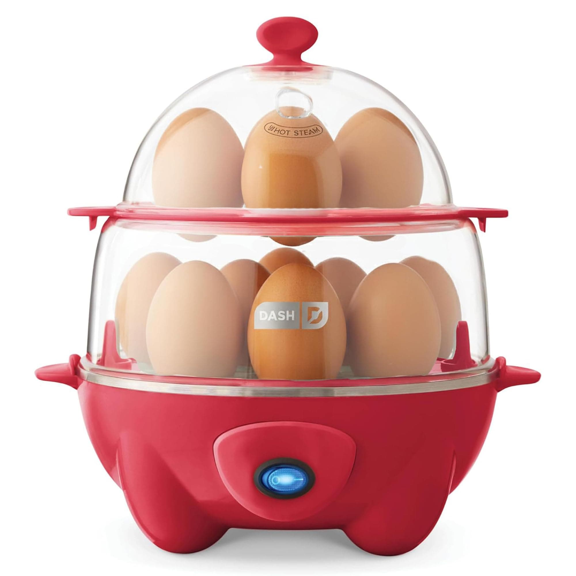 DASH Deluxe Rapid Egg Cooker for Hard Boiled, Poached, Scrambled Eggs, Omelets, Steamed Vegetables, Dumplings & More, 12 capacity, with Auto Shut Off Feature - Red