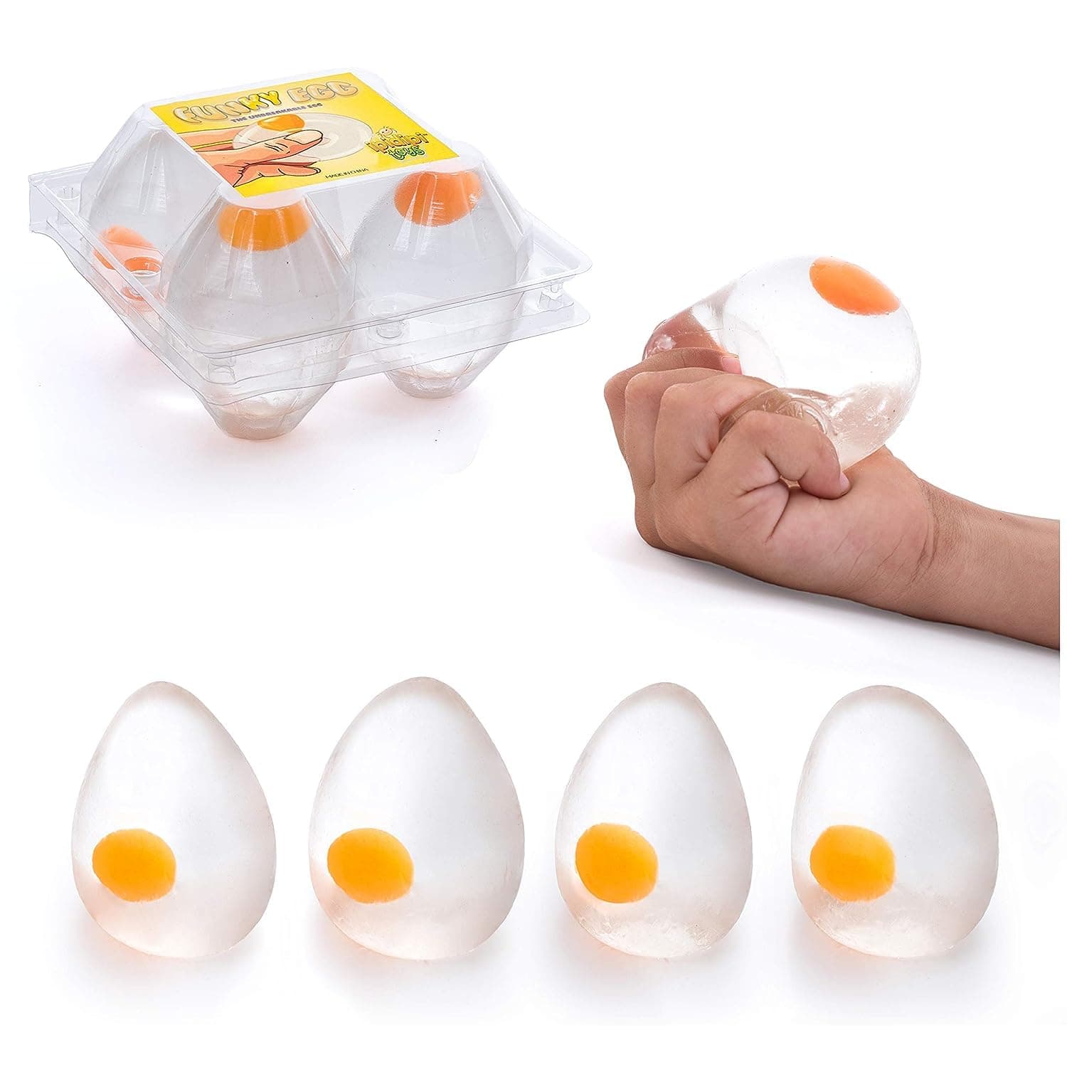 IPIDIPI TOYS Funky Egg Squishy Ball – Clear Egg Yolk Fun Squeeze, Yolk Balls for Kids, Easter Basket Fillers, Squishies Fun Fidget Toy, Stocking Stuffers, Birthday Party Favors – Pack of 4