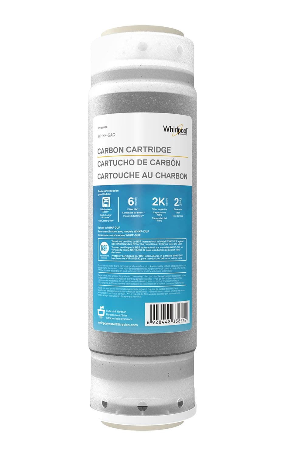 Whirlpool Undersink Granular Activated Carbon Filter WHKF-GAC, 2000 Gallon Capacity, NSF Certified - Reduces Chlorine Taste & Odor, Use for Drinking Water Filtration or Reverse Osmosis System