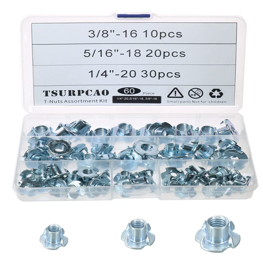T Nuts (1/4"-20,5/16"-18, 3/8"-16),60pcs,Pronged Tee Nut Assortment Kit for Wood, Rock Climbing Holds, Cabinetry