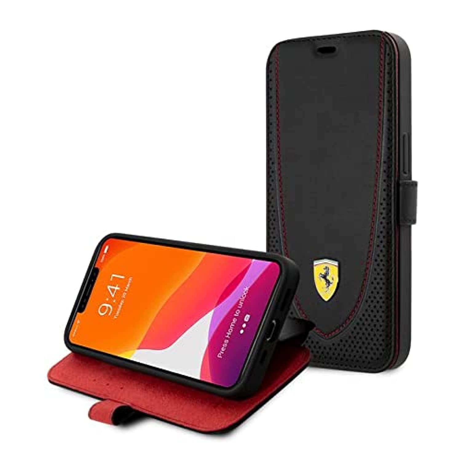 CG MOBILE Ferrari Phone Case for iPhone 13 Pro Max in Black with Red Curve, Real Leather Perforated Bookstyle & Protective Case with Accessible Ports, Shock Absorption & Signature Logo